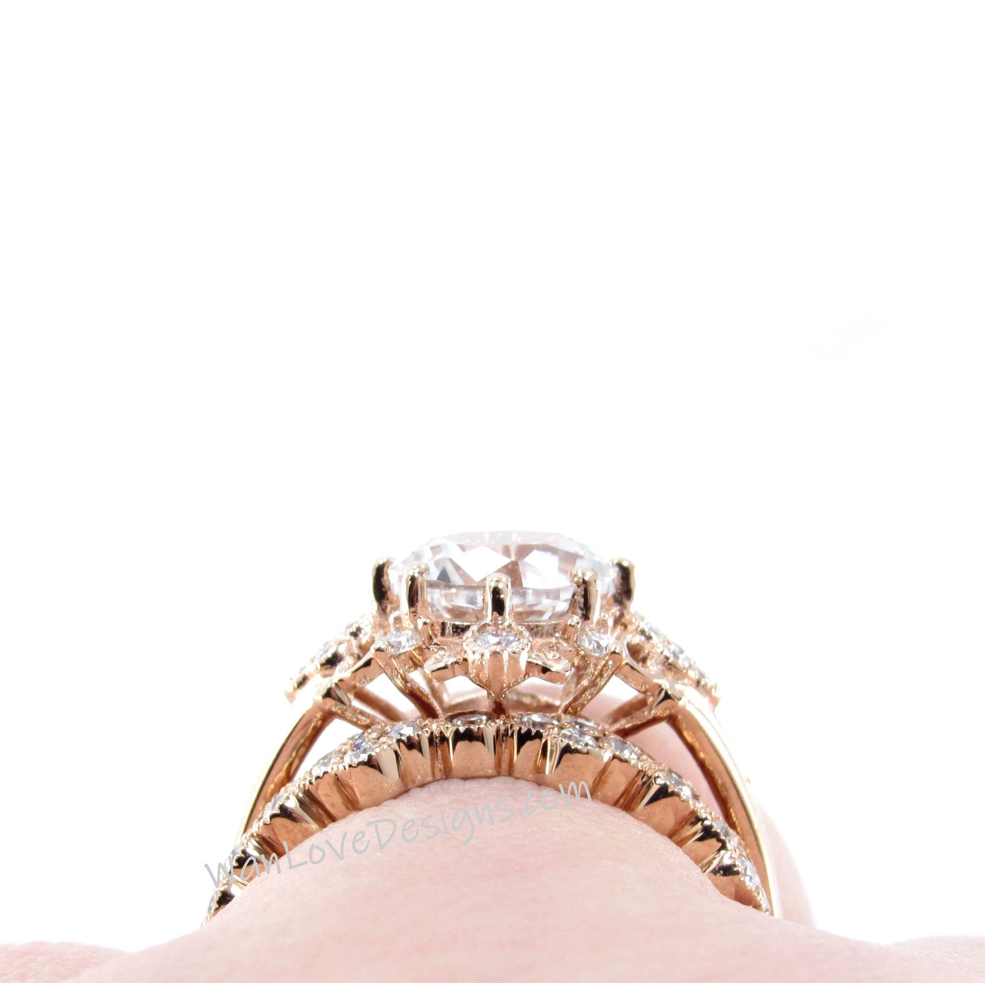 White Sapphire Moissanite Engagement Ring Floral Quatrefoil Ornate Round Wedding Band Set 2ct-8mm-Rose gold-Custom-Gift-Ready to Ship