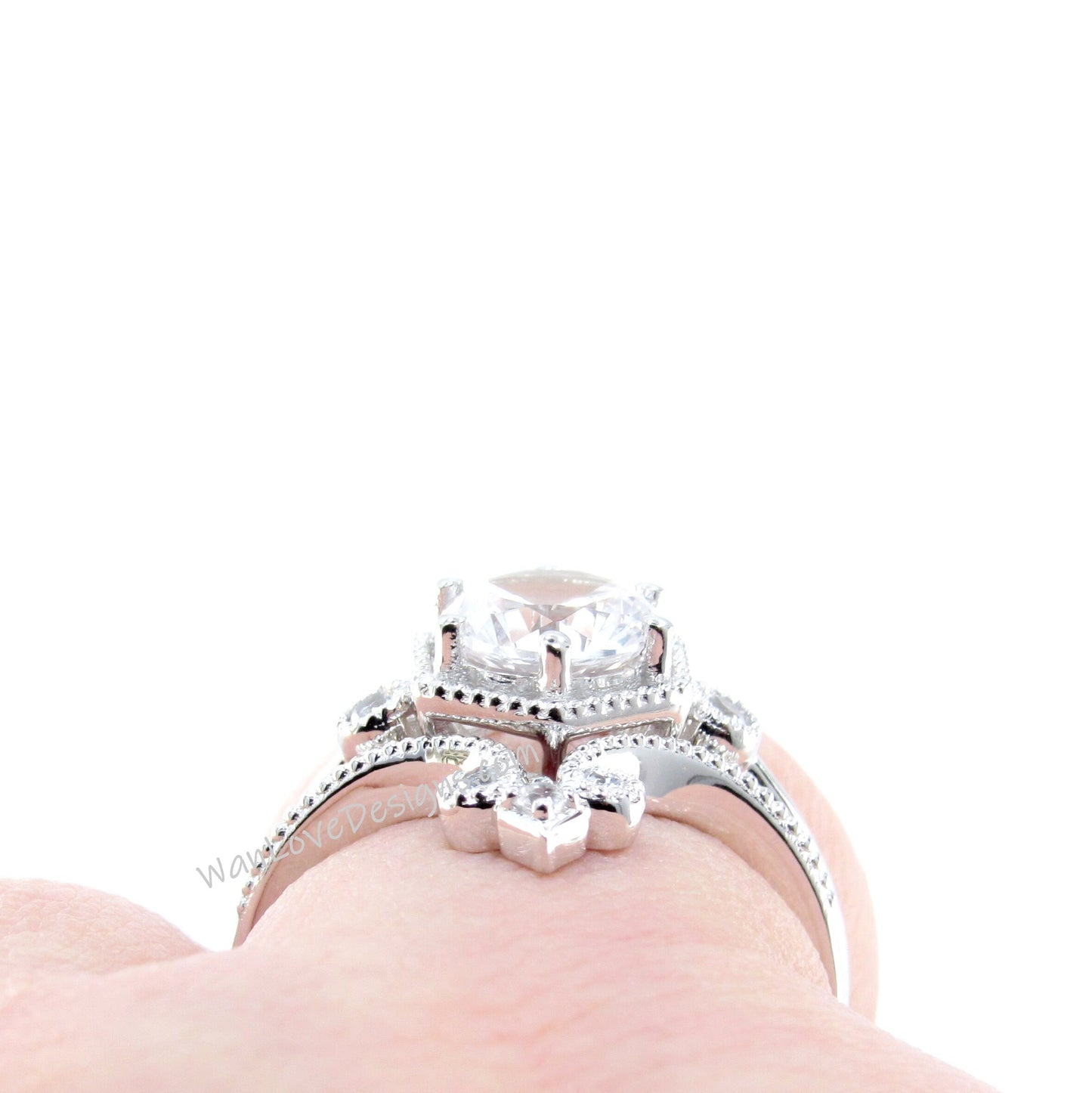 White Sapphire Hexagon Milgrain Engagement Ring set, Curved Wedding band set 1.5ct round white sapphire White Gold wedding band ring set