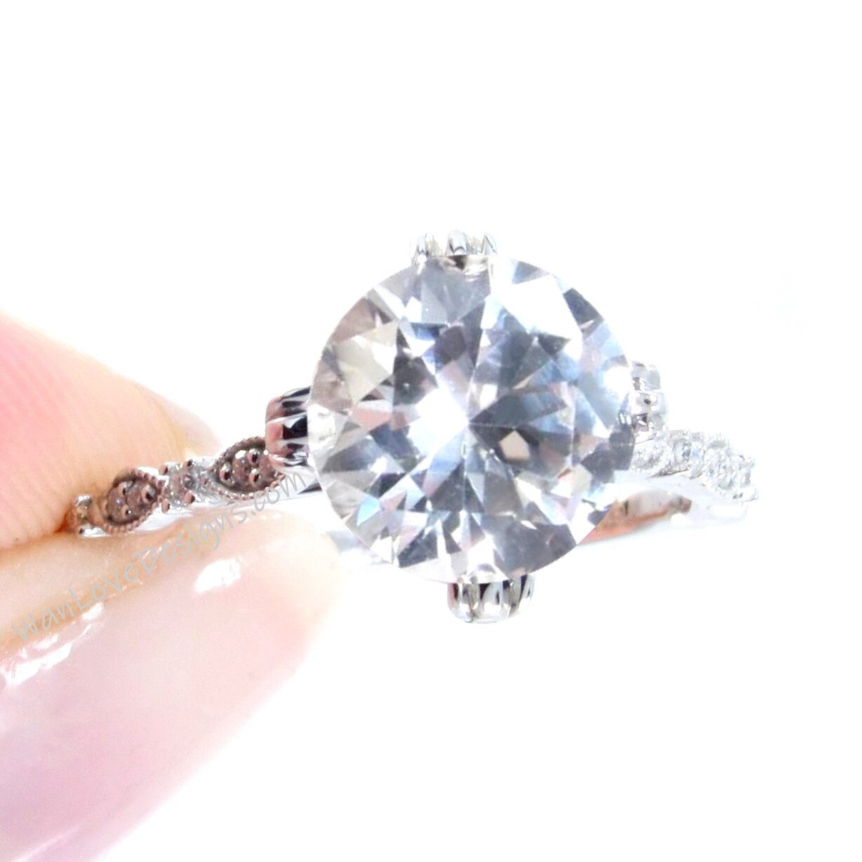 White Sapphire & Diamond Milgrain Antique Scalloped Triple Fishtail prong Round Engagement Ring, Custom-Wedding-14kt 18kt Gold-Platinum