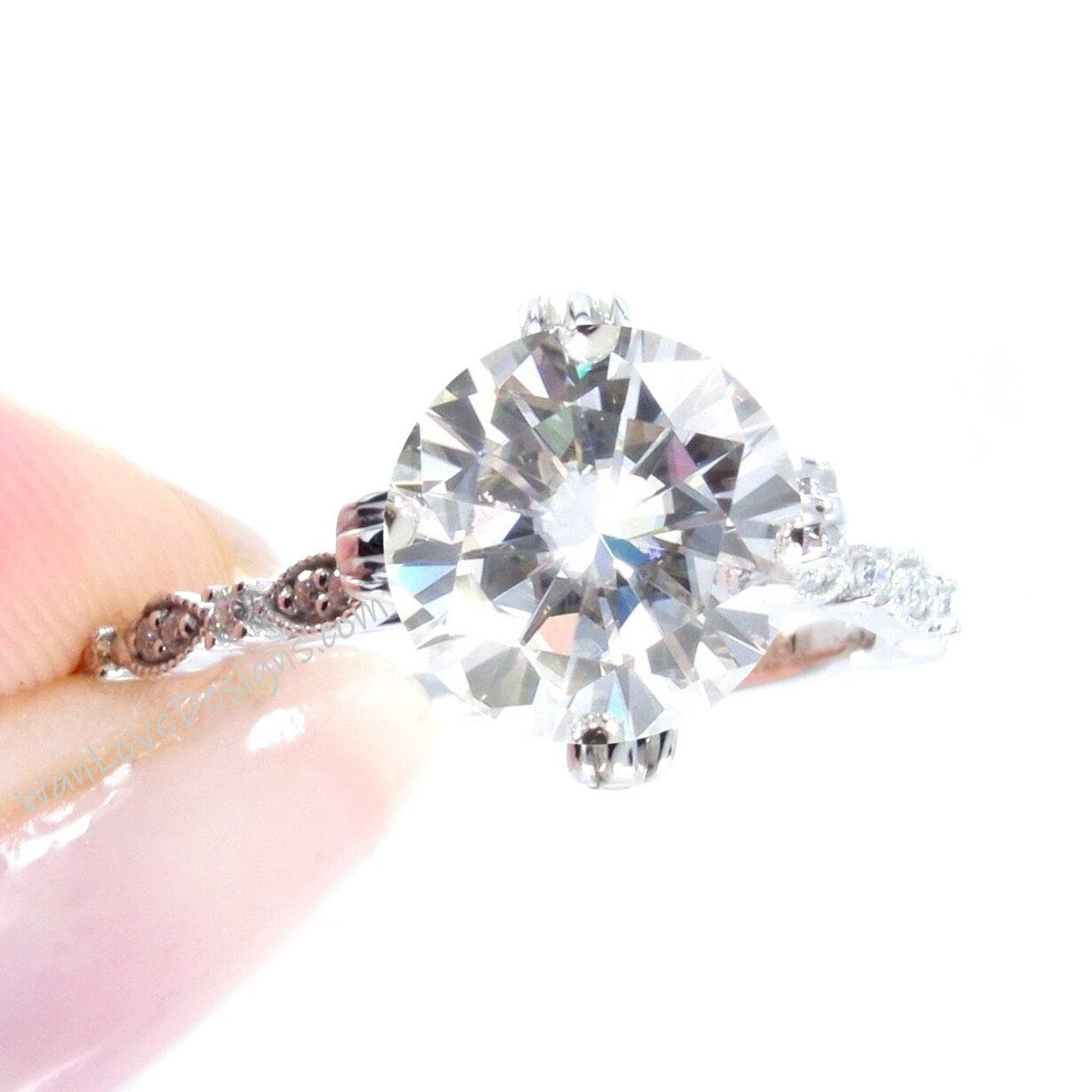 Vintage Moissanite Diamond ring Antique Triple Fishtail prong ring Round Engagement Ring Milgrain Leaf Scalloped Band bridal ring gift