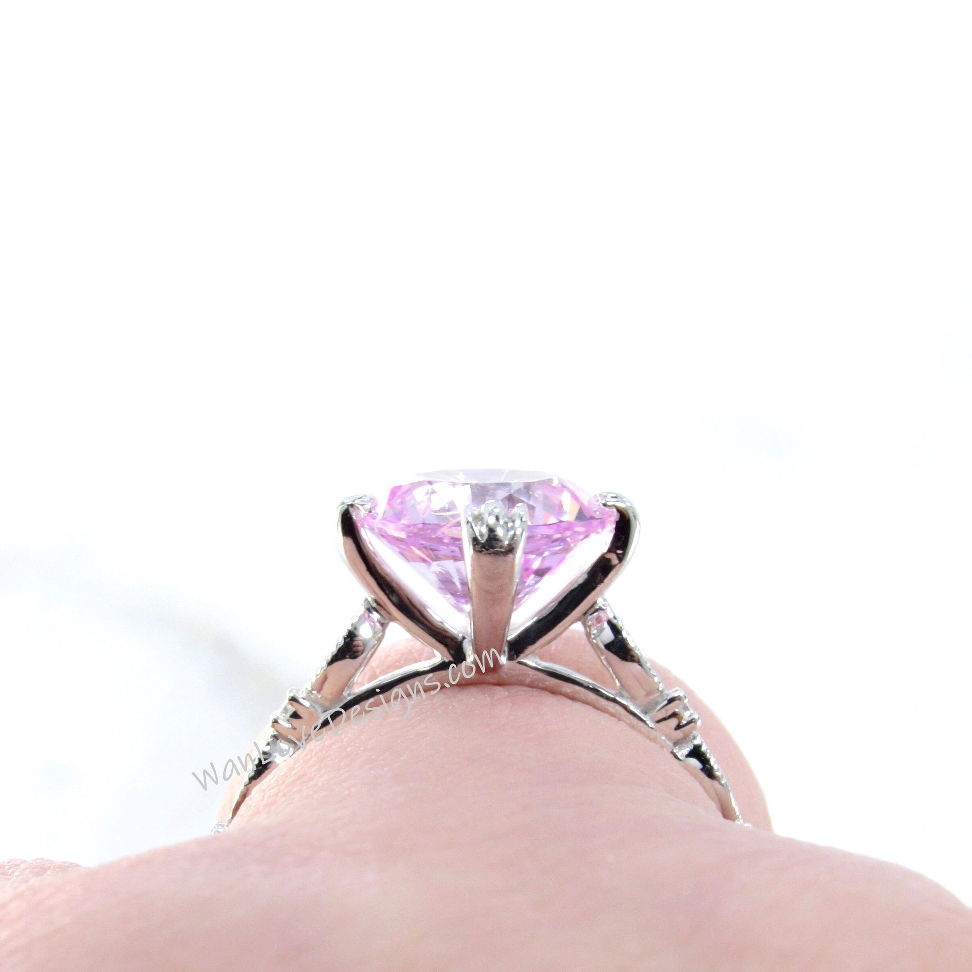 vintage Gray Moissanite Diamond ring Antique Triple Fishtail prong ring Round Engagement Ring Milgrain Leaf Scalloped Band bridal ring gift