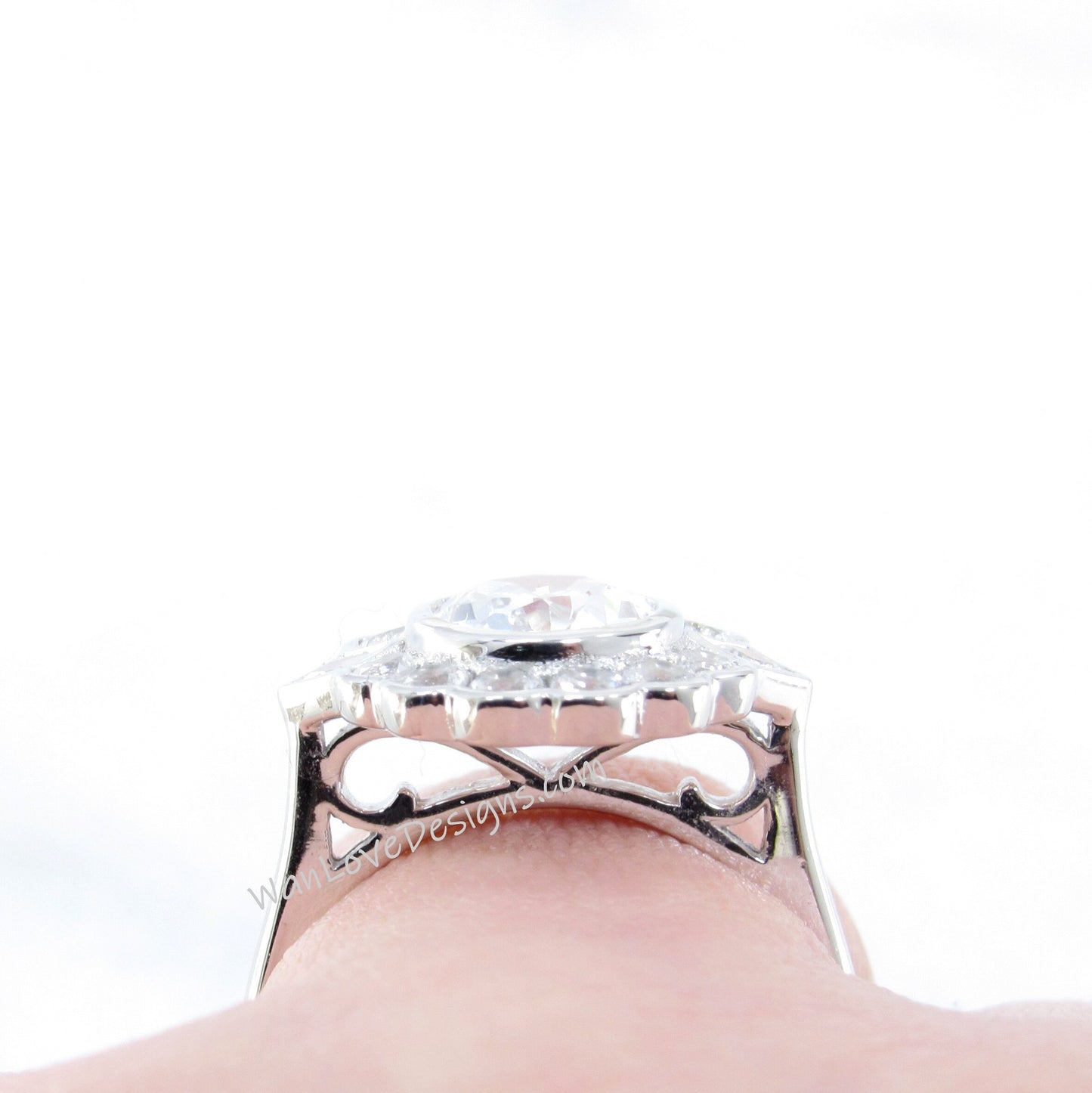 White Sapphire & Moissanite Oval Semi Bezel Cluster Princess Round Halo Engagement Ring Vintage Custom Wedding Jewelry Antique Anniversary