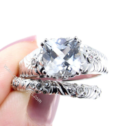White Sapphire Engagement Ring Set Unique Floral Design Tropical Cushion Wedding Band 3ct White Gold Bridal promise ring set Ready to Ship