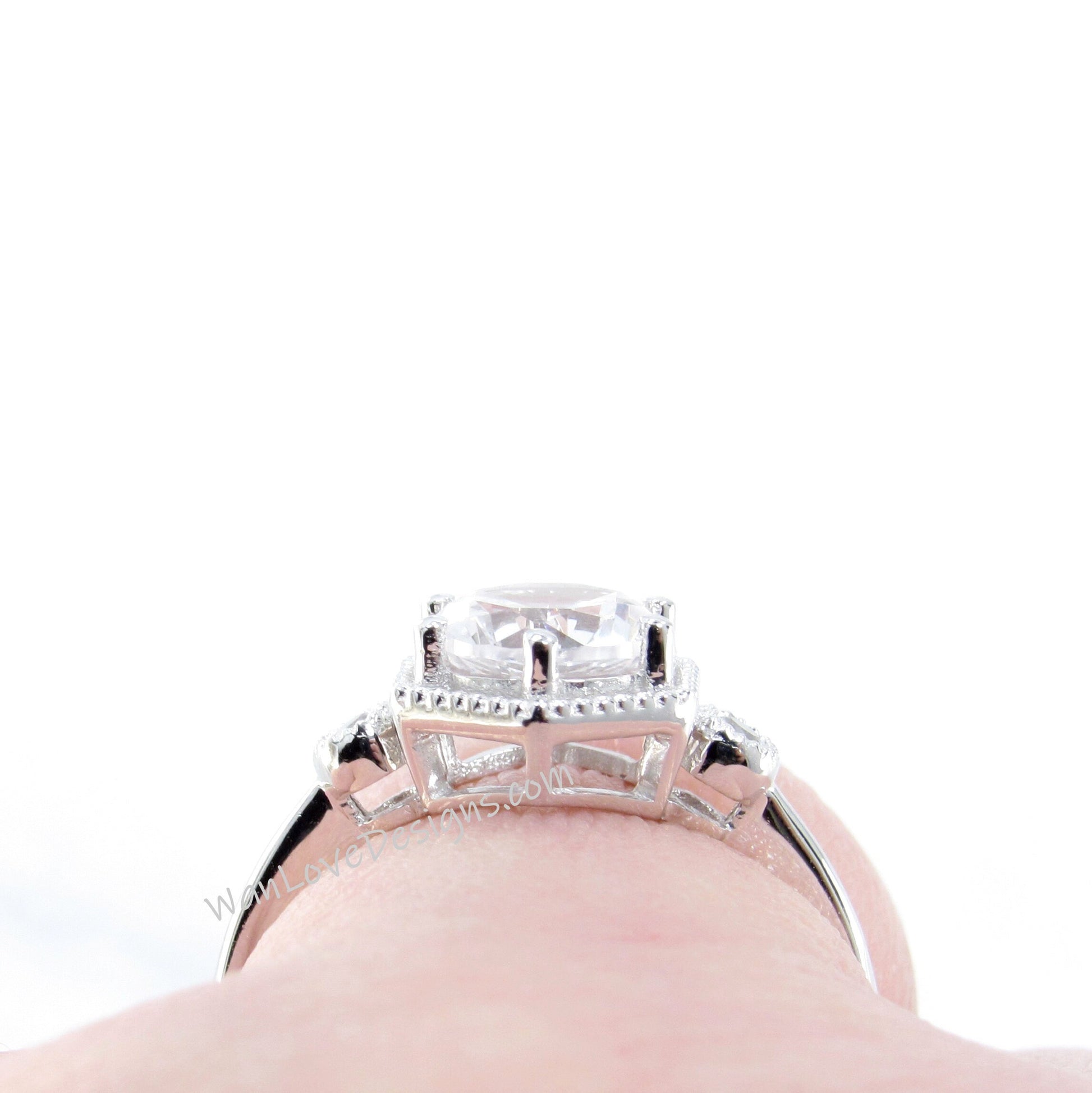 Vintage Round Cut Hexagon Wedding Ring/ Milgrain Round Salt & Pepper Engagement Ring/ 3 Gemstone Diamond Engagement Ring/ Anniversary Gifts
