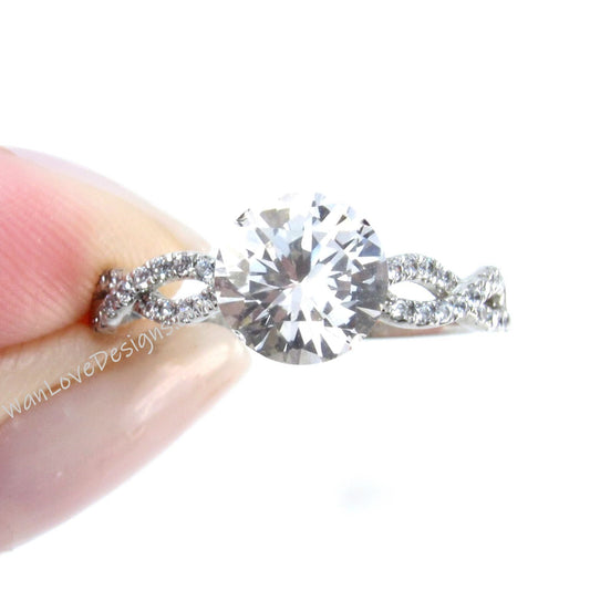 Vintage Round Cut White Sapphire Engagement Ring, Twisted Band Wedding Proposal Ring, Rose Gold Moissanite Ring, Prong Setting promise Ring