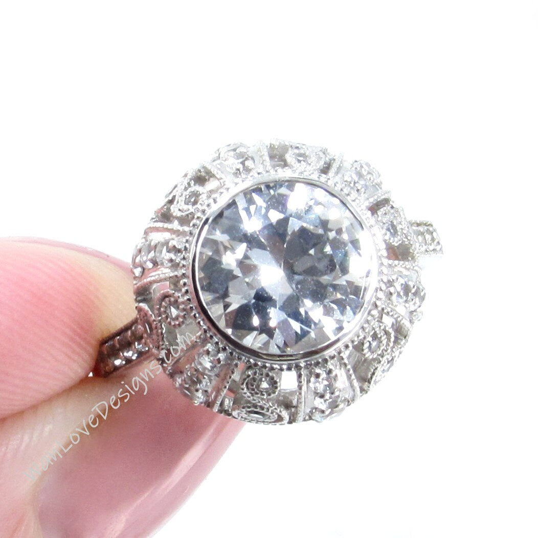 White Sapphire Antique Bezel Filigree Engagement Ring, Milgrain Detail, Scrolls, 2ct, 8mm, Silver Rhodium, Anniversary gift, Ready to ship