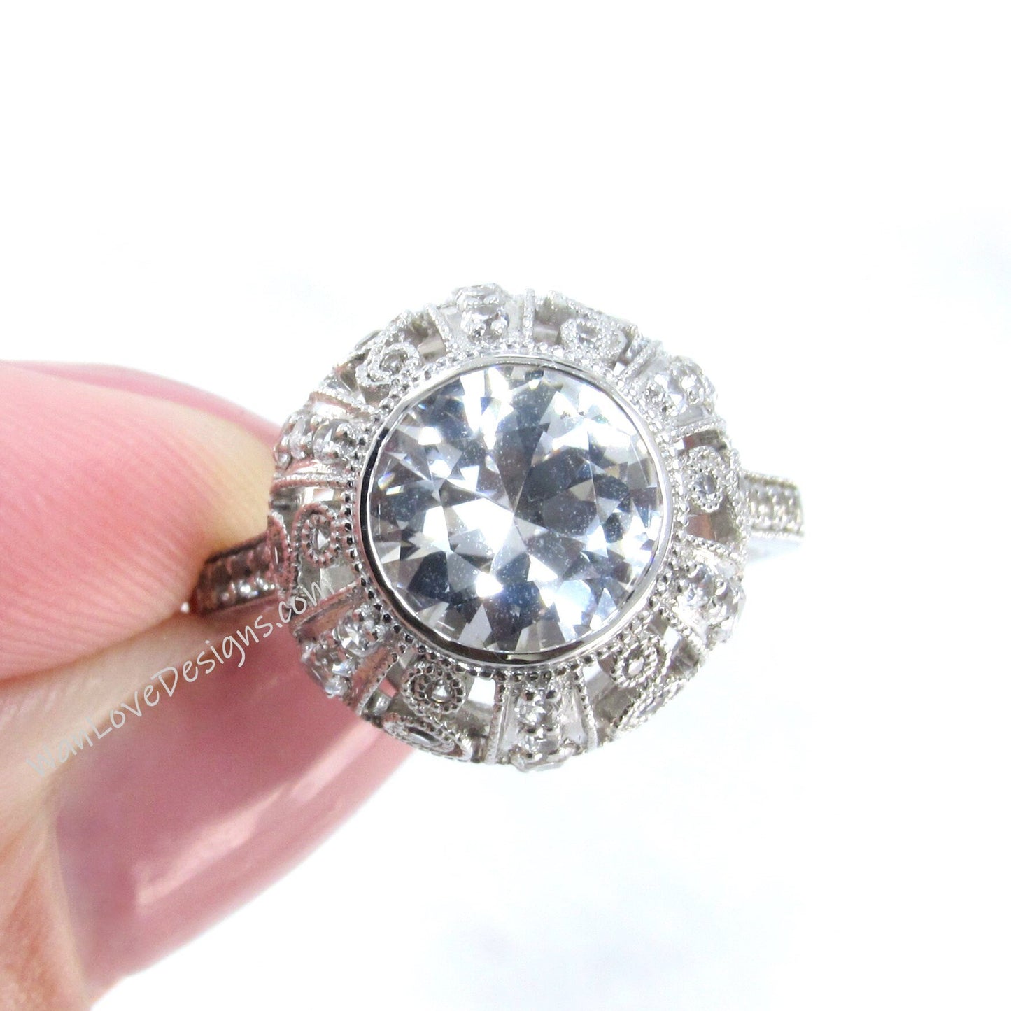 White Sapphire Antique Bezel Filigree Engagement Ring, Milgrain Detail, Scrolls, 2ct, 8mm, Silver Rhodium, Anniversary gift, Ready to ship