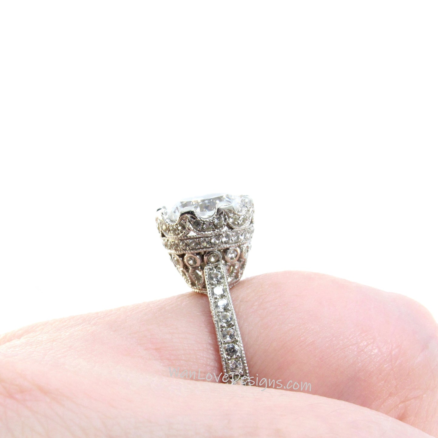 Vintage Round White Sapphire engagement ring Antique Milgrain filigree wedding ring Unique promise half eternity anniversary Bridal ring