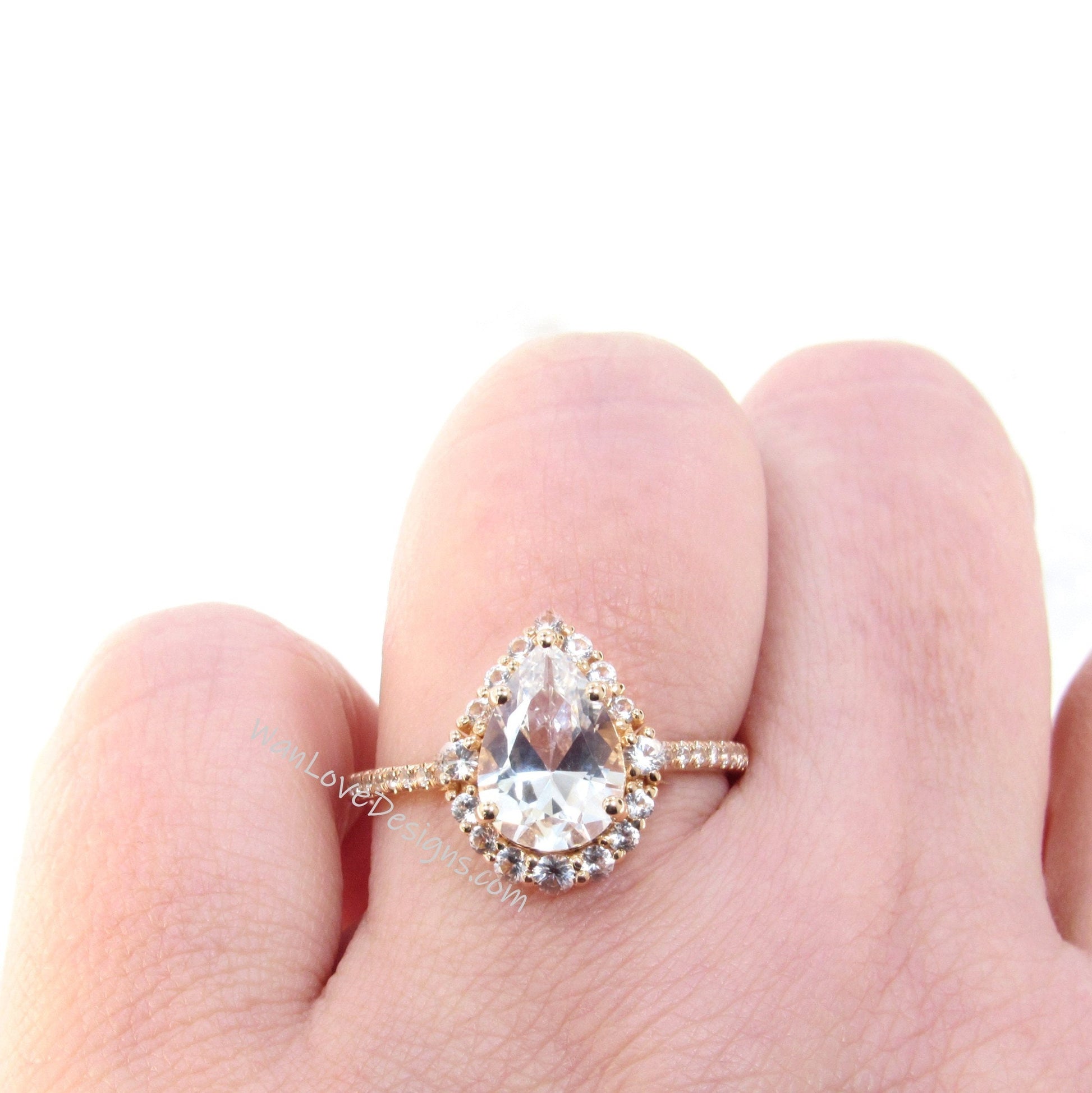 White Sapphire Diamond Pear Graduated Halo Engagement Ring, 14k 18k White Yellow Rose Gold-Platinum-Custom-Wedding