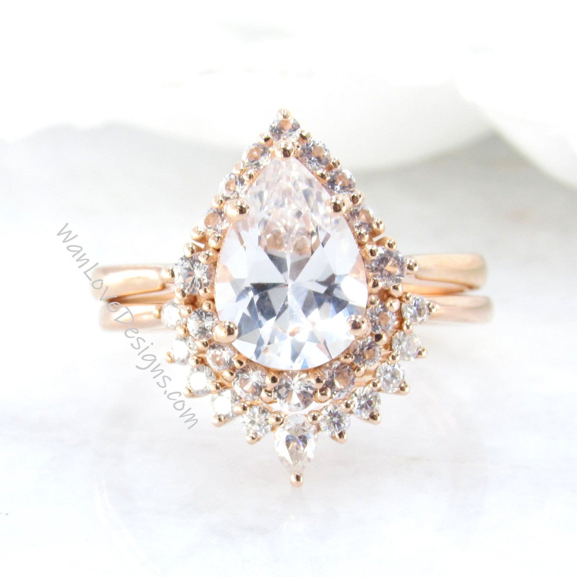 White Sapphire Pear Graduated Halo Engagement Ring Art deco Wedding Band Set 2ct vintage Rose gold pear halo bridal promise aniversary ring