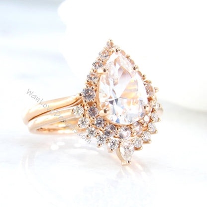 White Sapphire Pear Graduated Halo Engagement Ring Art deco Wedding Band Set 2ct vintage Rose gold pear halo bridal promise aniversary ring