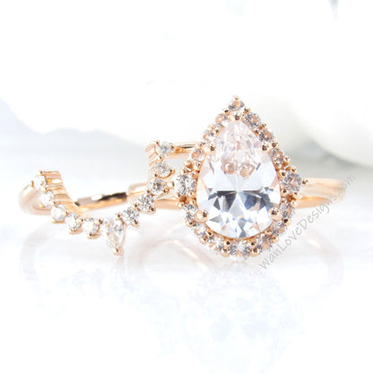 White Sapphire Pear Graduated Halo Engagement Ring Art deco Wedding Band Set 2ct vintage Rose gold pear halo bridal promise aniversary ring