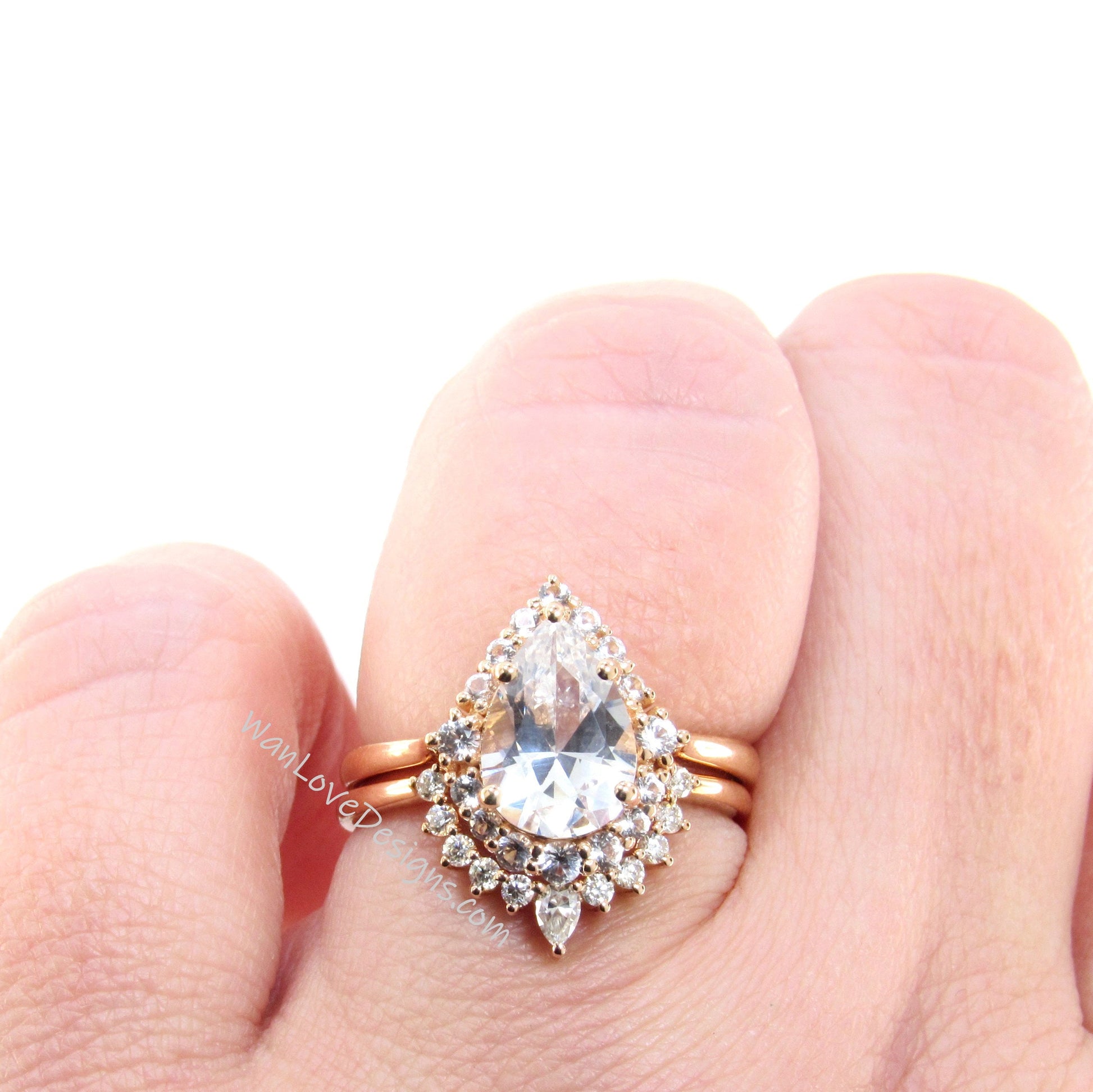 White Sapphire Pear Graduated Halo Engagement Ring Art deco Wedding Band Set 2ct vintage Rose gold pear halo bridal promise aniversary ring