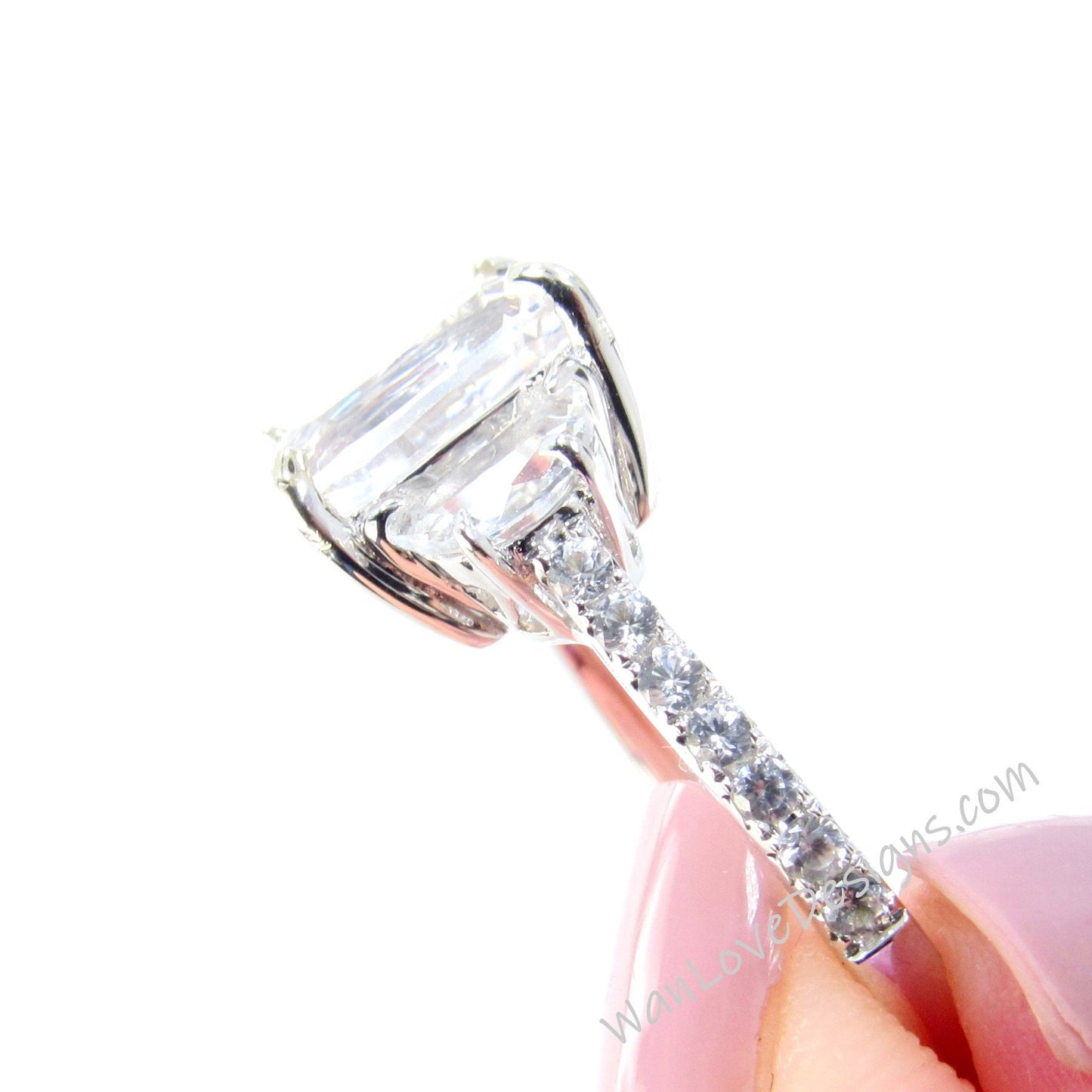 White Sapphire Diamond Elongated Cushion Half Moon Engagement Ring 3 Gem 4ct 10x8mm 14k 18k White Yellow Rose Gold-Platinum-Wedding-Custom