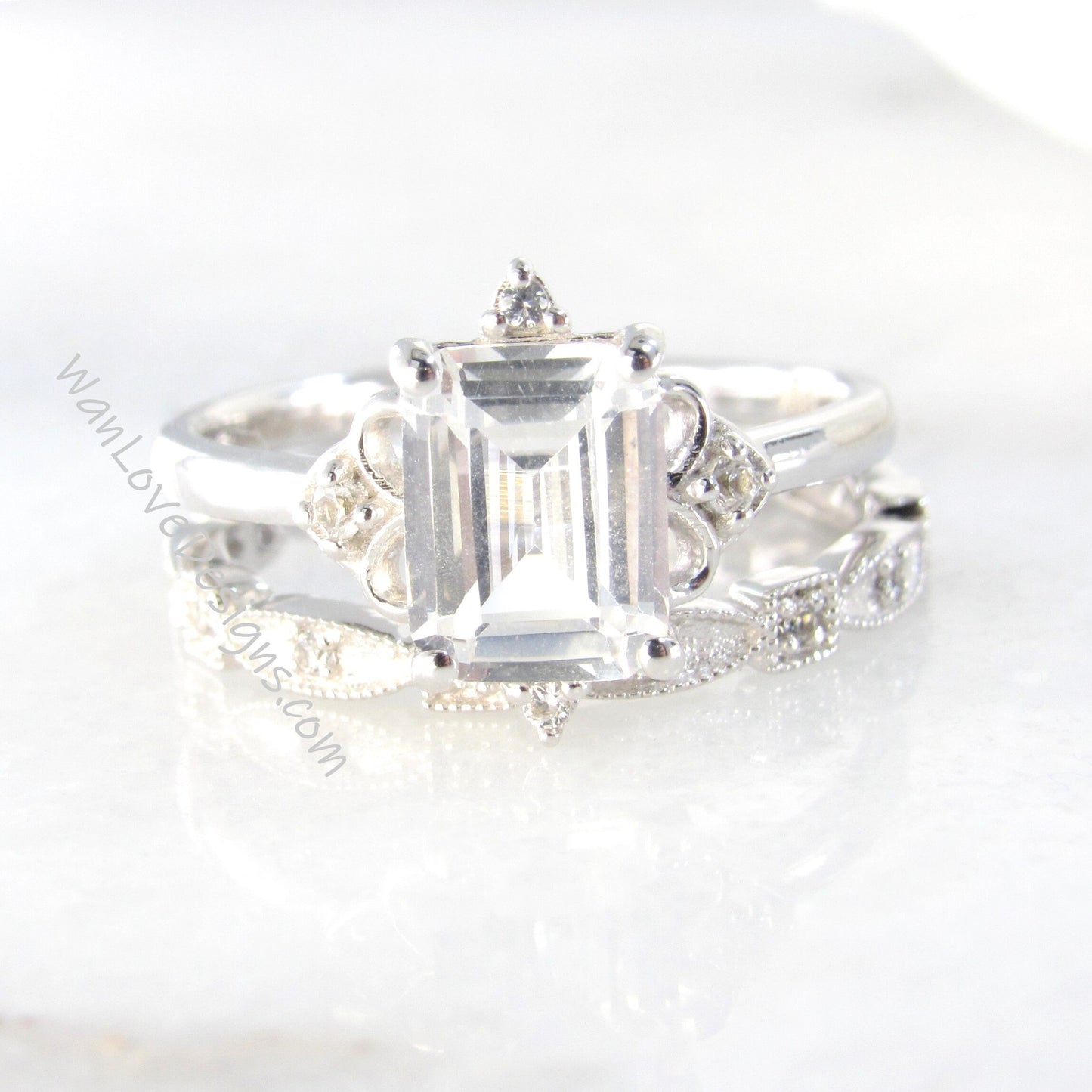 White Sapphire Emerald cut Engagement Ring Set Full Eternity Wedding Band Art Deco 2ct 8x6mm Custom White Gold Ready to Ship