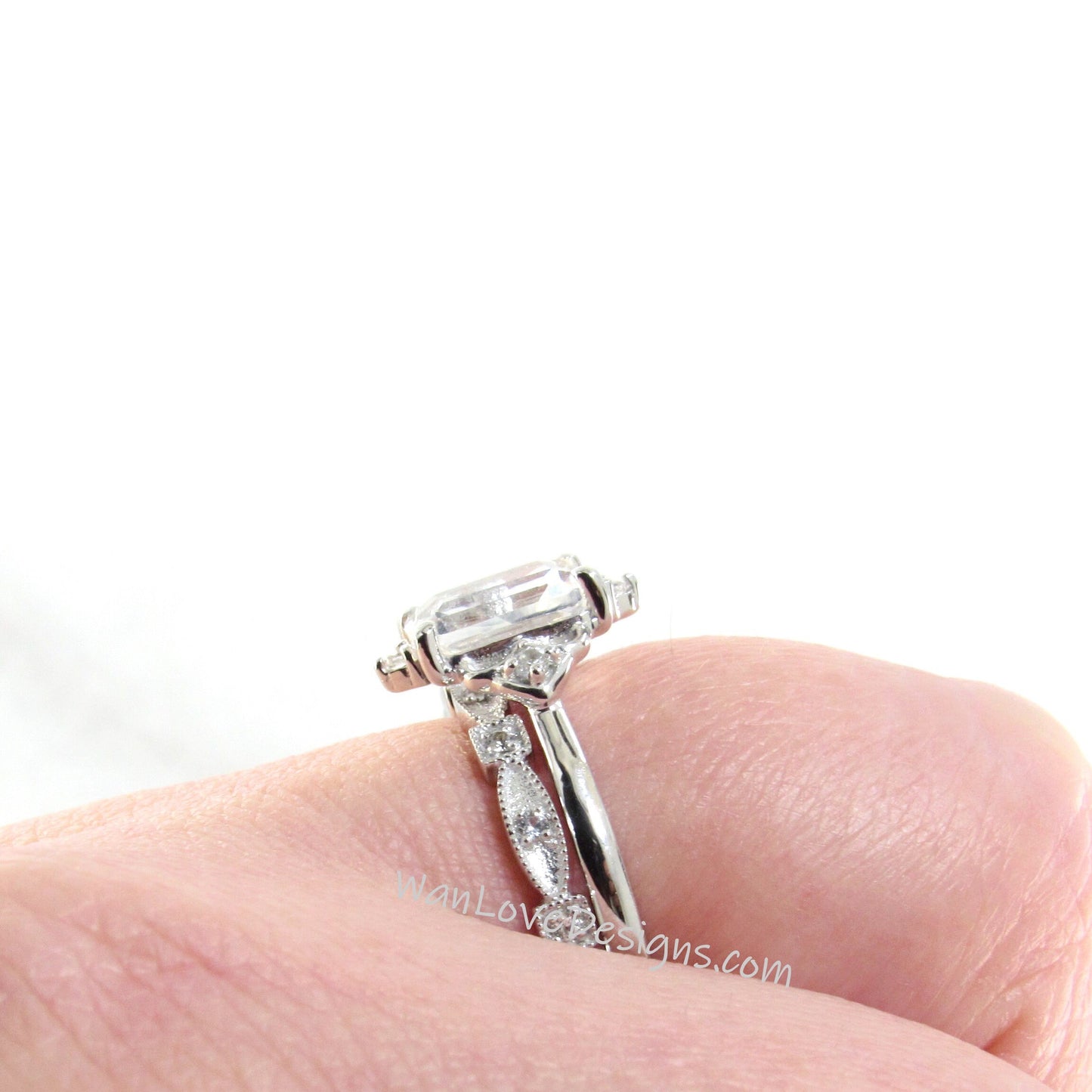 White Sapphire Emerald cut Engagement Ring Set Full Eternity Wedding Band Art Deco 2ct 8x6mm Custom White Gold Ready to Ship