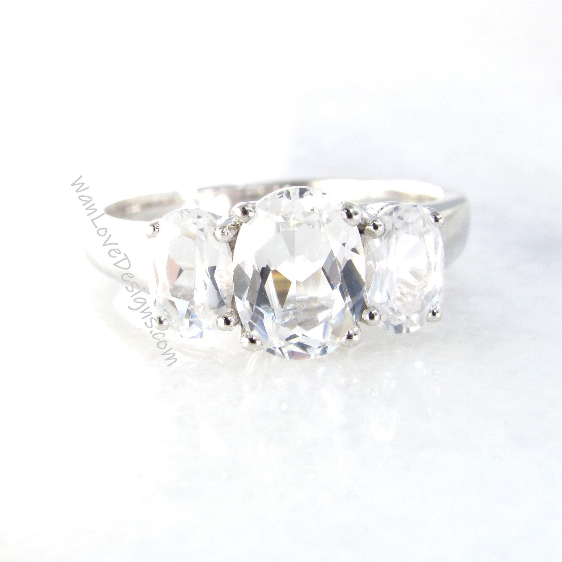 White Sapphire Moissanite 3 Stone Oval Engagement Ring, 2ct, 1ct, 8x6mm, 6x4mm,14k 18k White Yellow Rose Gold, Platinum, Custom, Anniversary