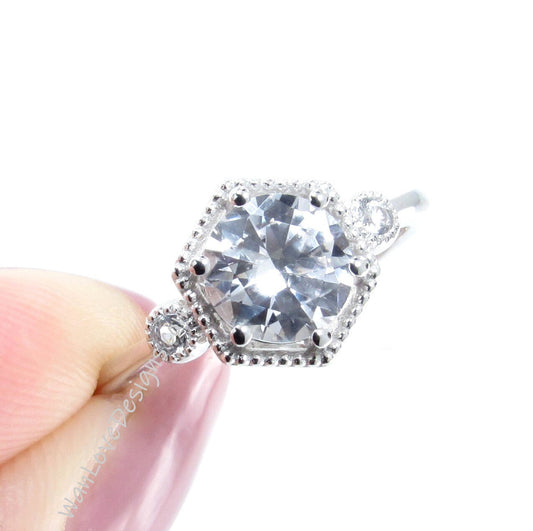 White Sapphire & Diamond Hexagon Milgrain 3 Stone Round Engagement Ring, 14k 18k White Yellow Rose Gold,Custom, Wedding, Anniversary Gift