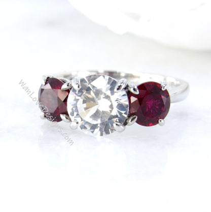 White Sapphire & Ruby 3 Stone Engagement Ring Round 3 Gem stone 1 2 ct Bridal Wedding promise ring Anniversary Gift -Ready to ship