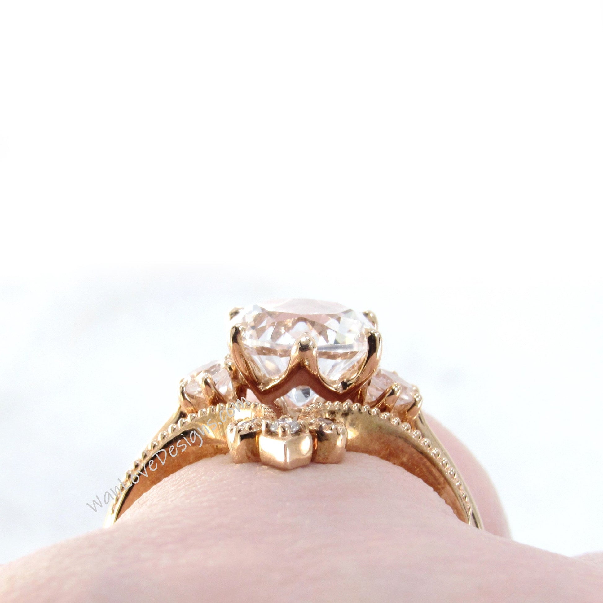 White Sapphire Engagement Ring Set Milgrain Fleur de Lis Contoured V Wedding Band Round 2ct Custom Rose Gold-Ready to Ship