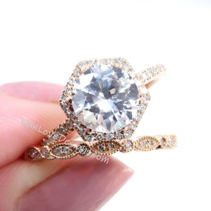 Vintage White Sapphire Engagement Ring Rose gold Women Diamond Hexagon Halo wedding set Vintage Bridal set Promise ring Anniversary ring