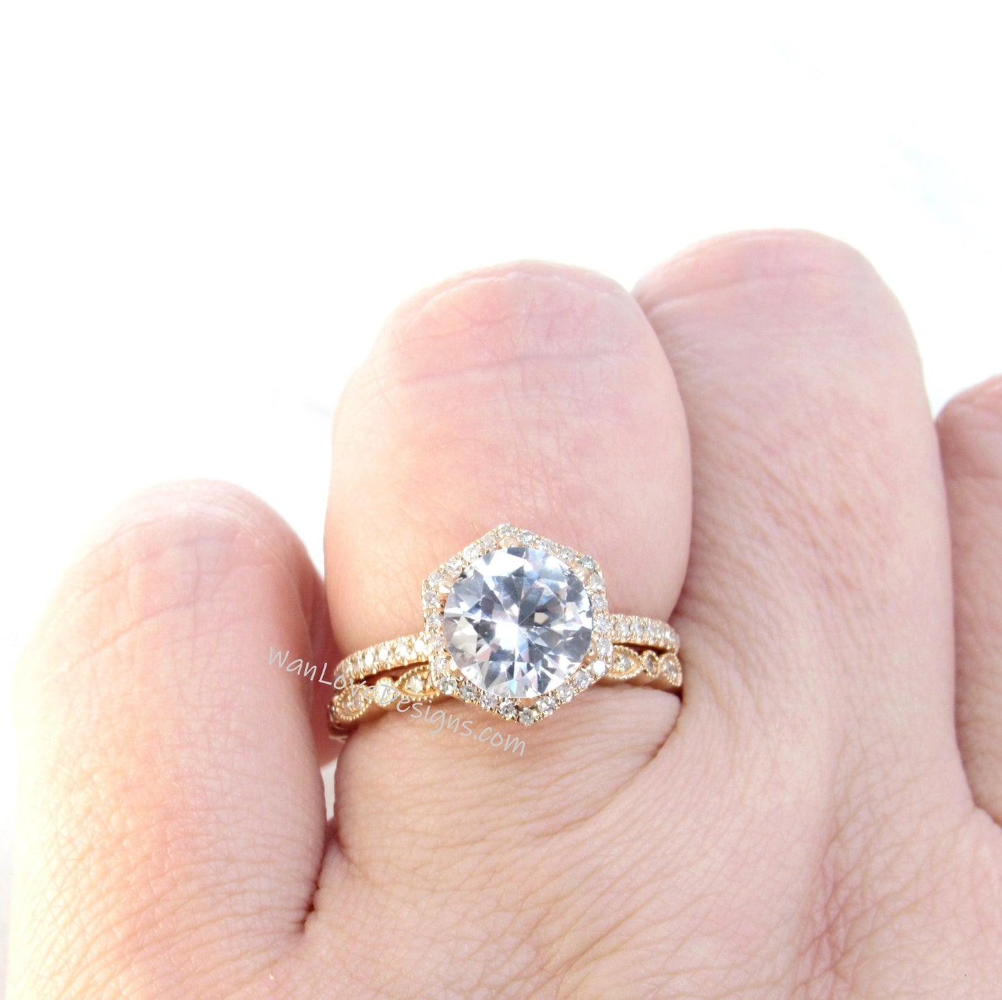 Vintage White Sapphire Engagement Ring Rose gold Women Diamond Hexagon Halo wedding set Vintage Bridal set Promise ring Anniversary ring
