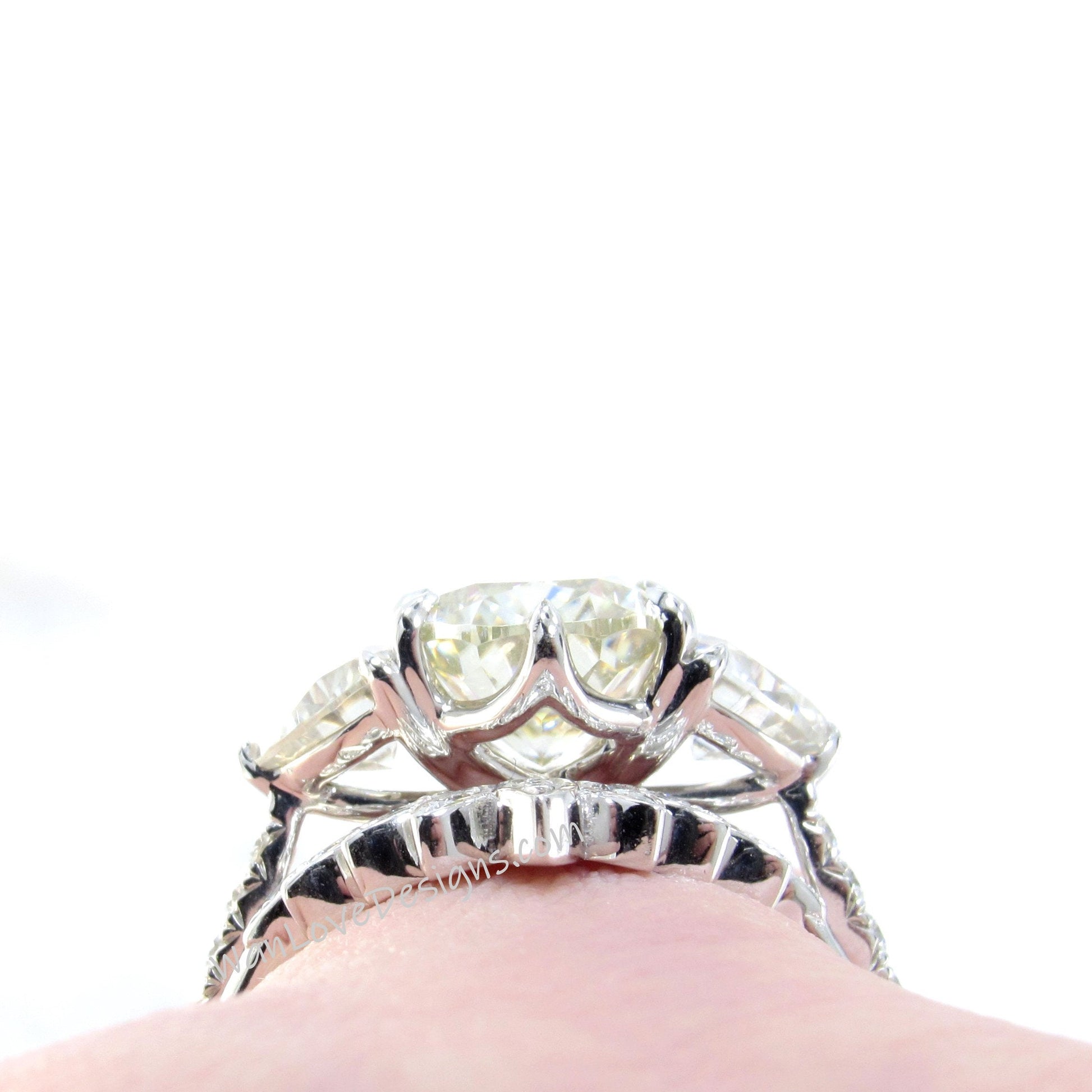 Yellow White Moissanite engagement ring set Cushion moissanite white gold ring curved matching band trillion moissanite ring bridal set