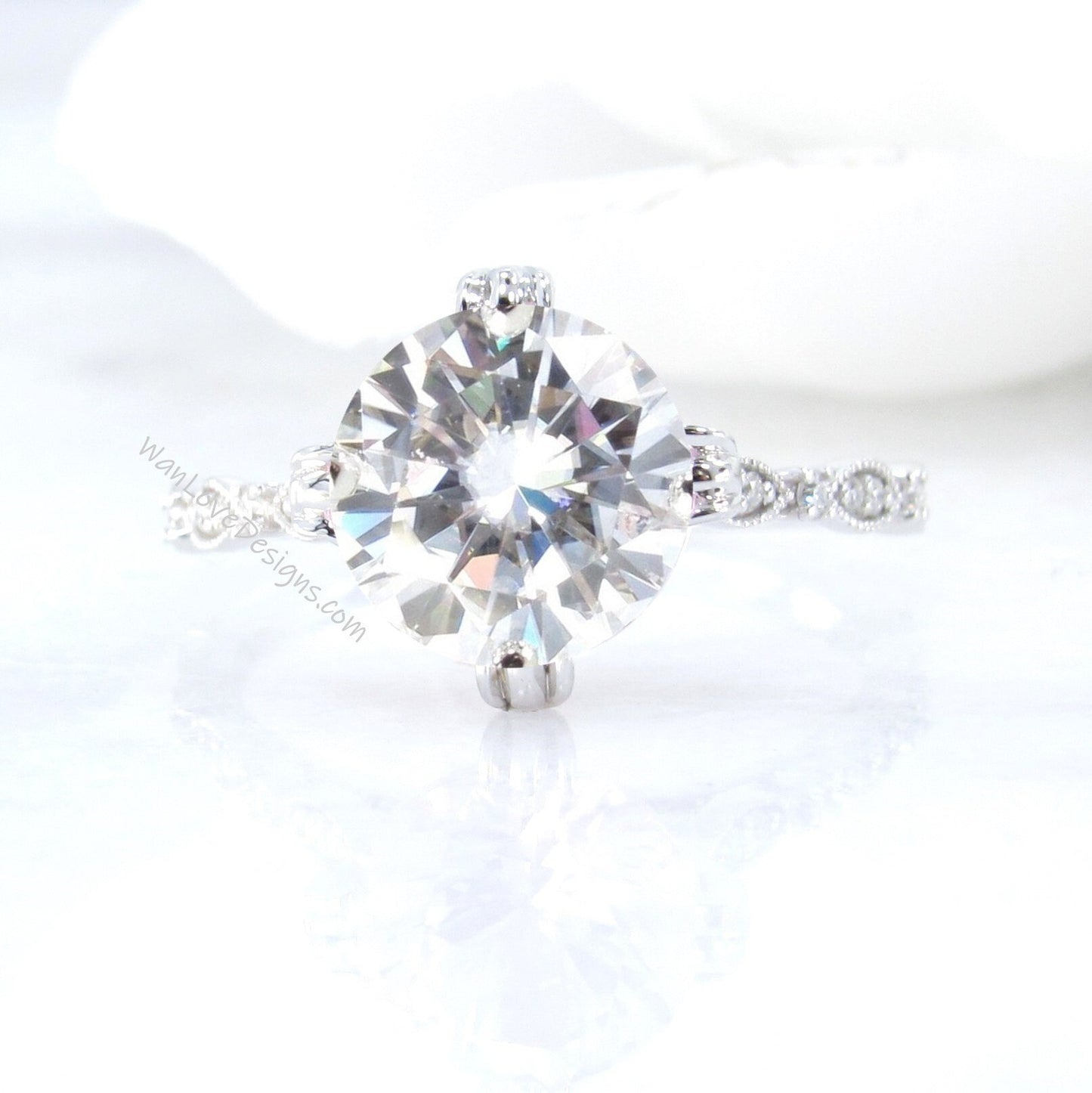 Vintage Moissanite Diamond ring Antique Triple Fishtail prong ring Round Engagement Ring Milgrain Leaf Scalloped Band bridal ring gift