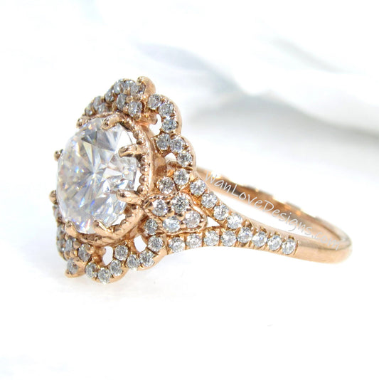 Vintage Genuine Diamond Ring- Rose Gold Ring -IGI Lab Diamond Engagement Ring- Proposal Ring- Floral Halo Ring- Anniversary Gift For Her