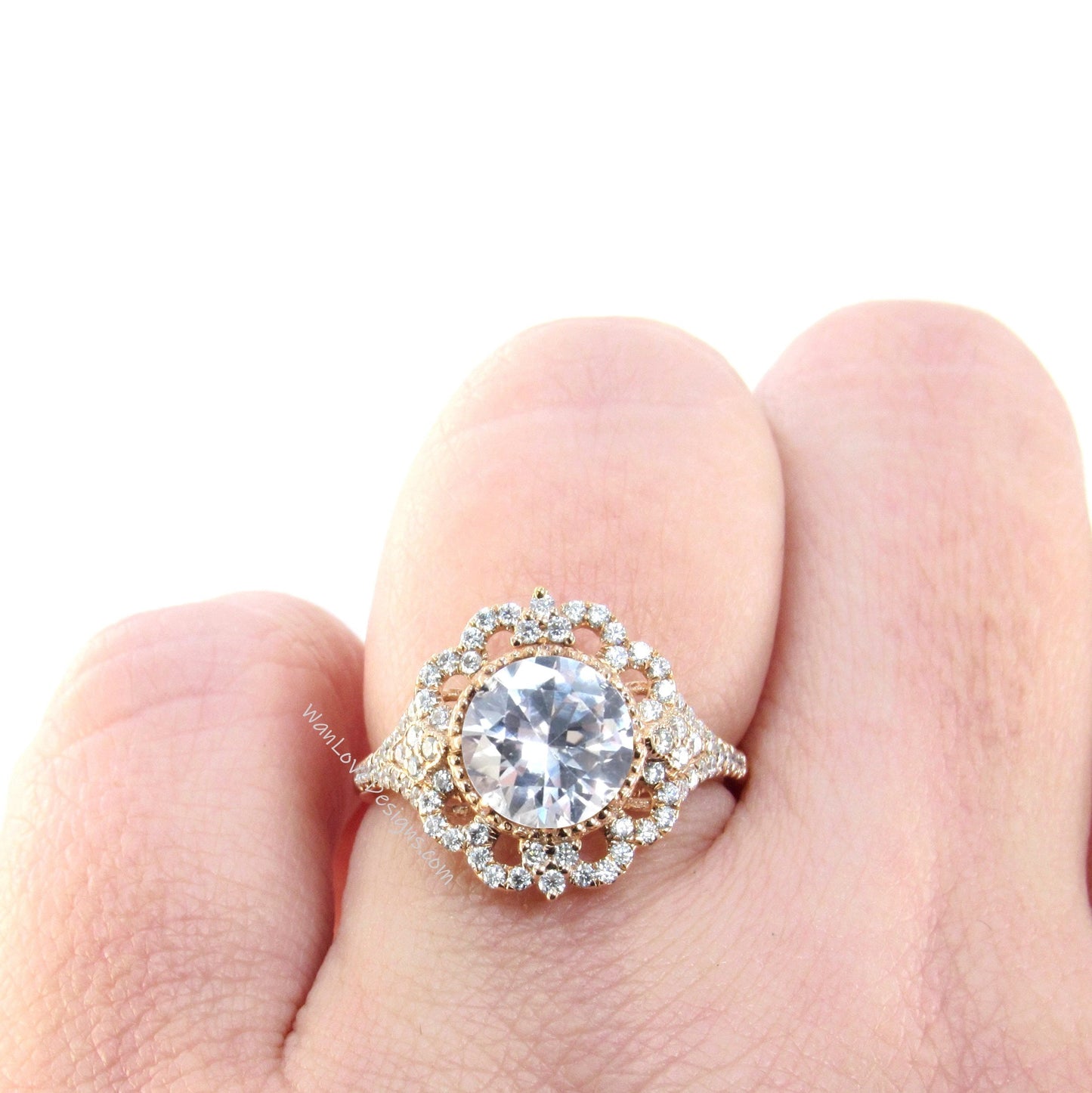 White Sapphire Diamond Ornate Floral Halo Engagement Ring, Round 8 prong, 2ct 8mm-14k 18k Gold-Platinum-Custom-Wedding-Anniversary