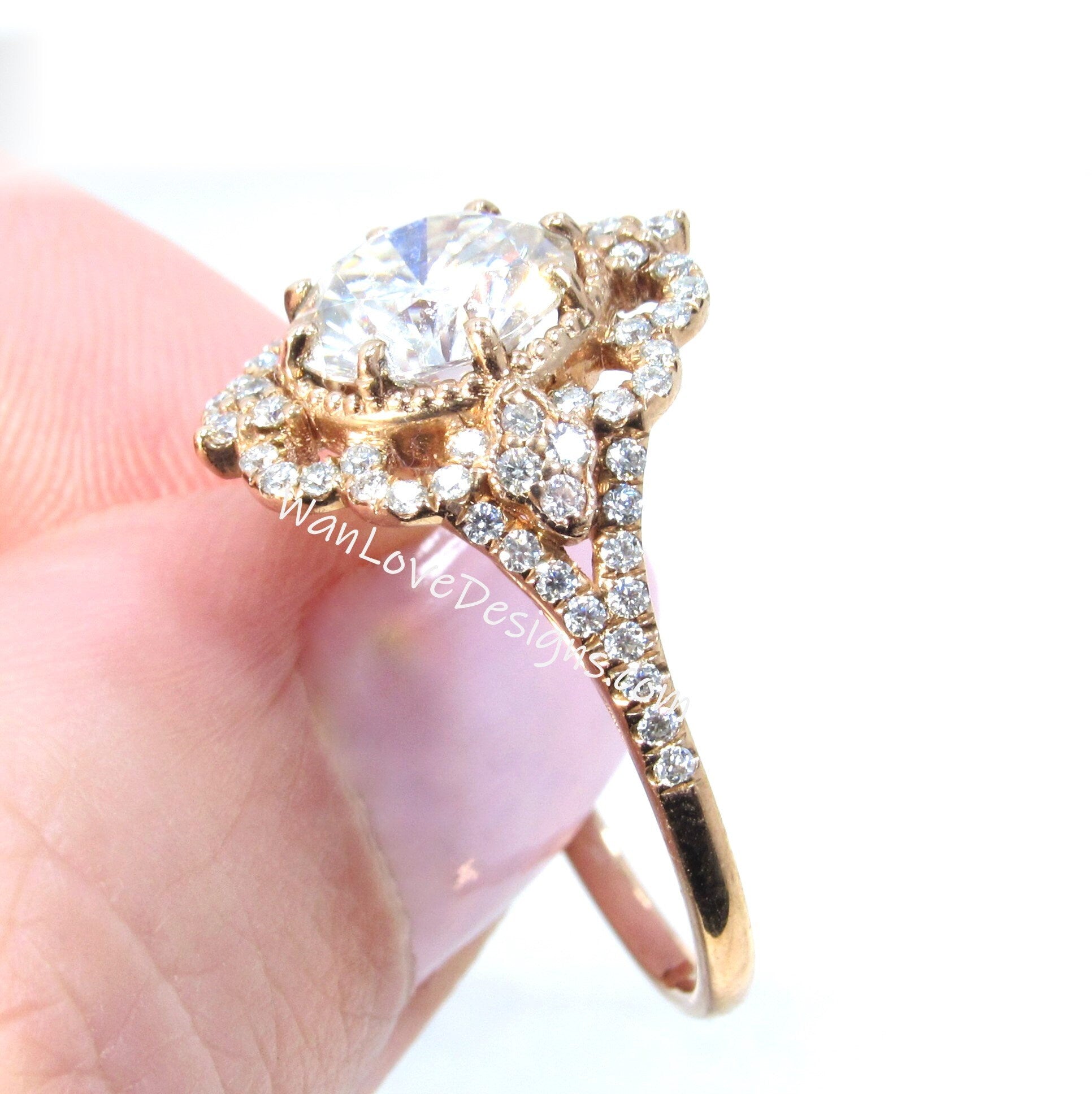 Vintage round shape Blue Sapphire engagement ring ornate halo moissanite diamond ring rose gold ring 8 prong set ring anniversary ring gift