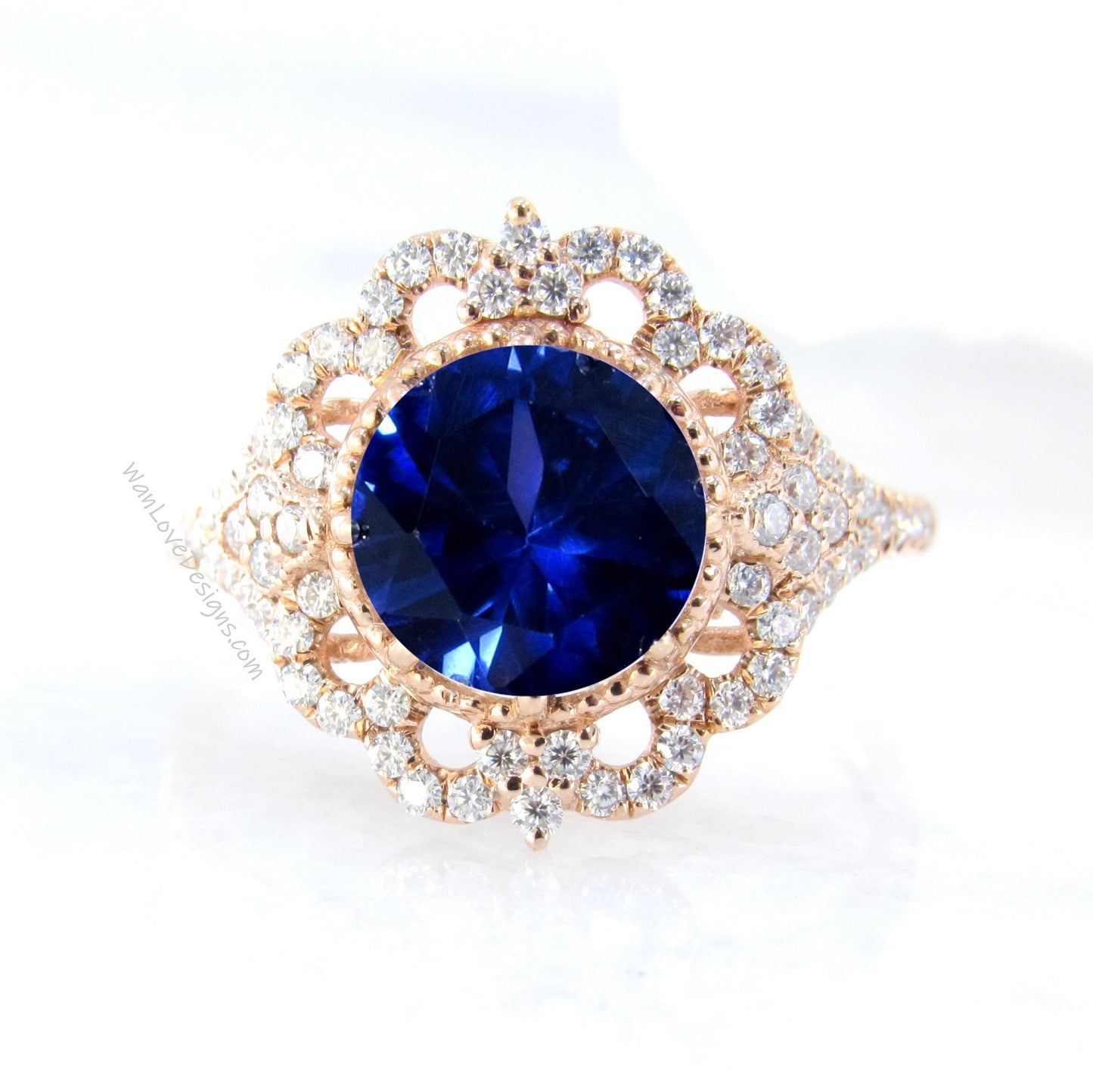 Vintage round shape Blue Sapphire engagement ring ornate halo moissanite diamond ring rose gold ring 8 prong set ring anniversary ring gift