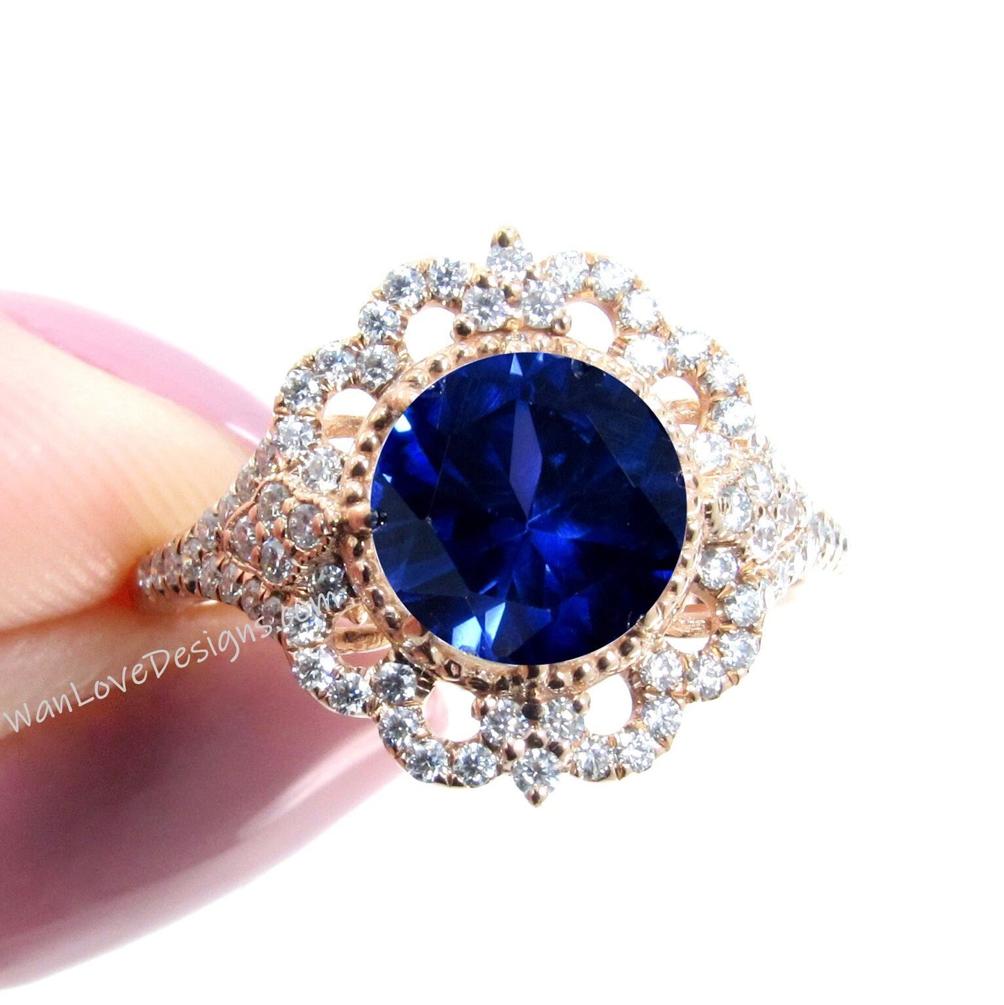 Vintage round shape Blue Sapphire engagement ring ornate halo moissanite diamond ring rose gold ring 8 prong set ring anniversary ring gift