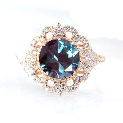 Vintage round shape alexandrite engagement ring ornate halo moissanite diamond ring rose gold ring 8 prong set ring anniversary ring gift