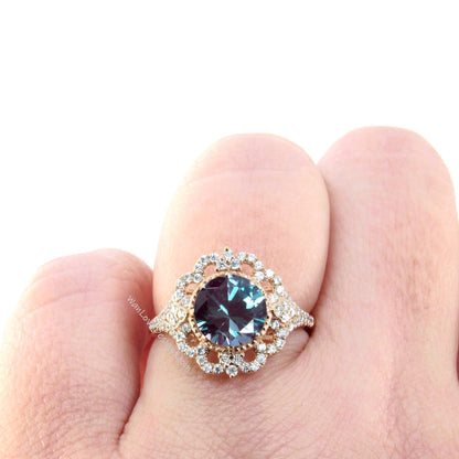 Vintage round shape alexandrite engagement ring ornate halo moissanite diamond ring rose gold ring 8 prong set ring anniversary ring gift