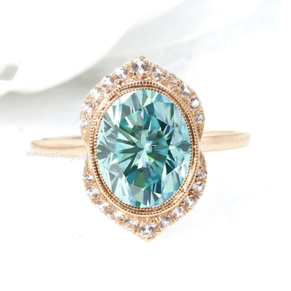 Vintage Oval Shape Blue Moissanite Engagement Ring Art Deco Diamond bezel halo Ring antique ring Unique Bridal Ring Anniversary Promise Ring