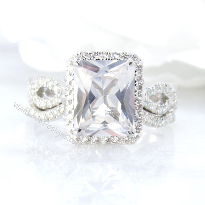 White Sapphire Diamond Emerald Halo Engagement Ring Set, 3/4 Eternity Infinity Wedding Band, Custom, 14k White Rose Yellow Gold