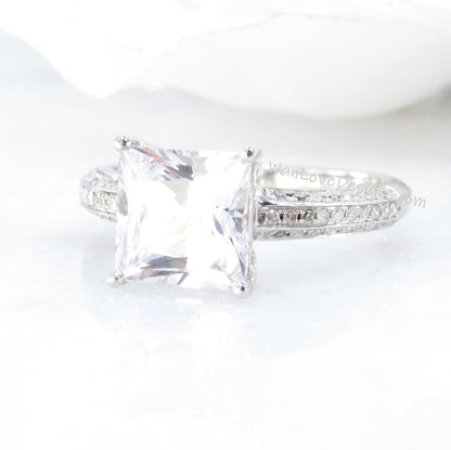 White Sapphire Princess cut 3 Sided Shank Band Engagement Ring-2.5ct-7.5mm-Silver Rhodium-Square-Wedding-Promise Ring-Ready to ship