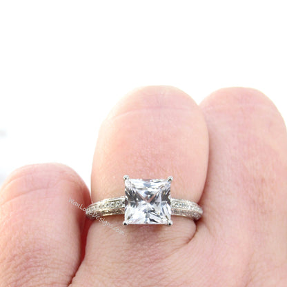 White Sapphire Princess cut 3 Sided Shank Band Engagement Ring-2.5ct-7.5mm-Silver Rhodium-Square-Wedding-Promise Ring-Ready to ship