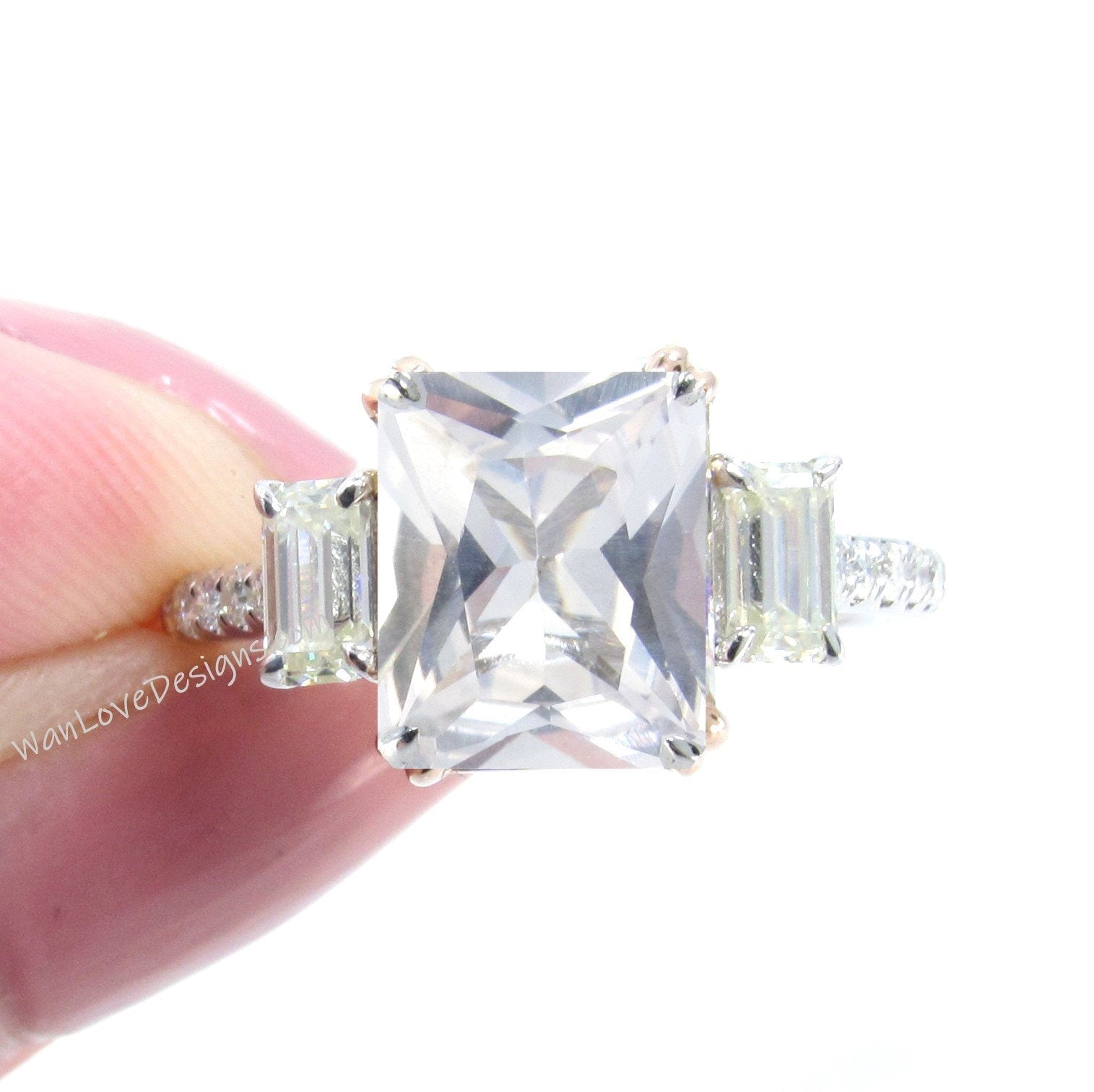 White Sapphire Diamond Emerald Baguette 3 gemstone Engagement Ring 4ct 10x8mm 14k White Yellow Rose Gold Platinum Custom Wedding Anniversary