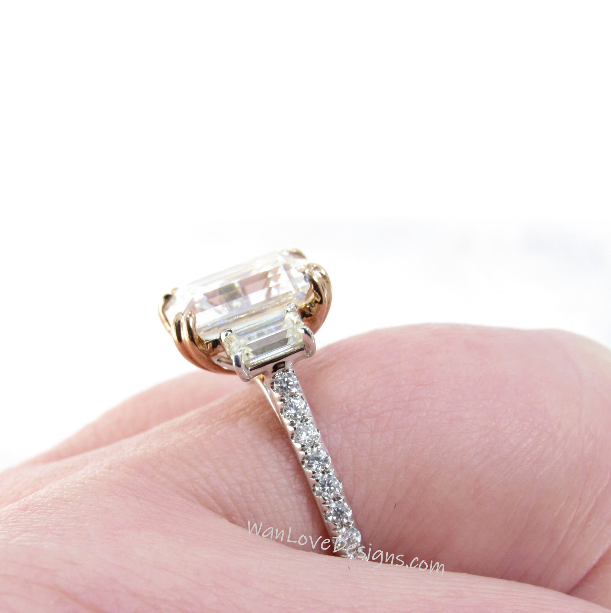 White Sapphire Diamond Emerald Baguette 3 gemstone Engagement Ring 4ct 10x8mm 14k White Yellow Rose Gold Platinum Custom Wedding Anniversary