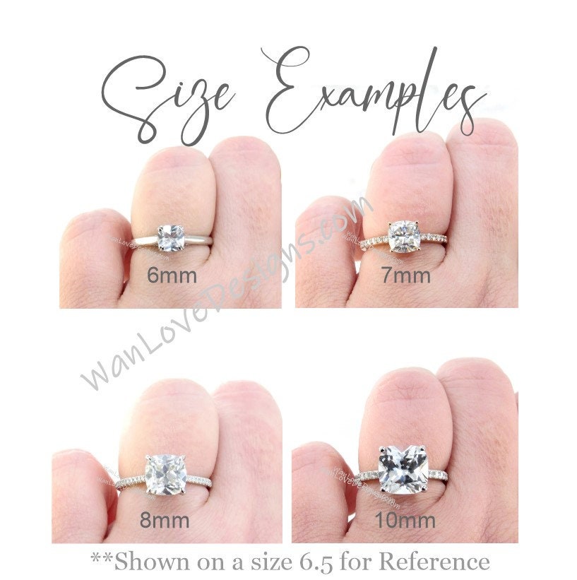 White Sapphire Cushion & Round 3 Stone Engagement Ring-3ct-.75ct-8mm-5mm-14k-18k-White Yellow Rose Gold-Platinum-Custom-Wedding-Anniversary