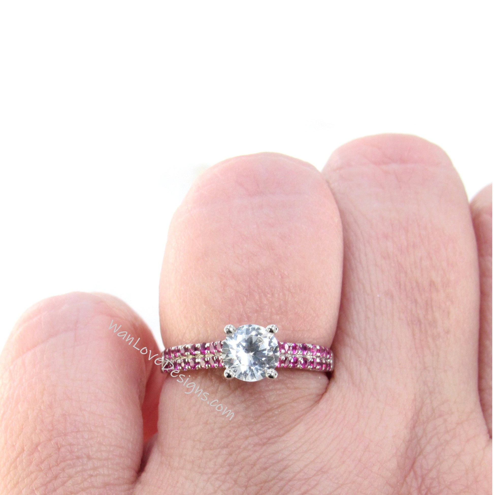 White Sapphire Ruby engagement ring round cut ring diamond ring 2 double row ring milgrain ring anniversary ring vintage ring promise ring