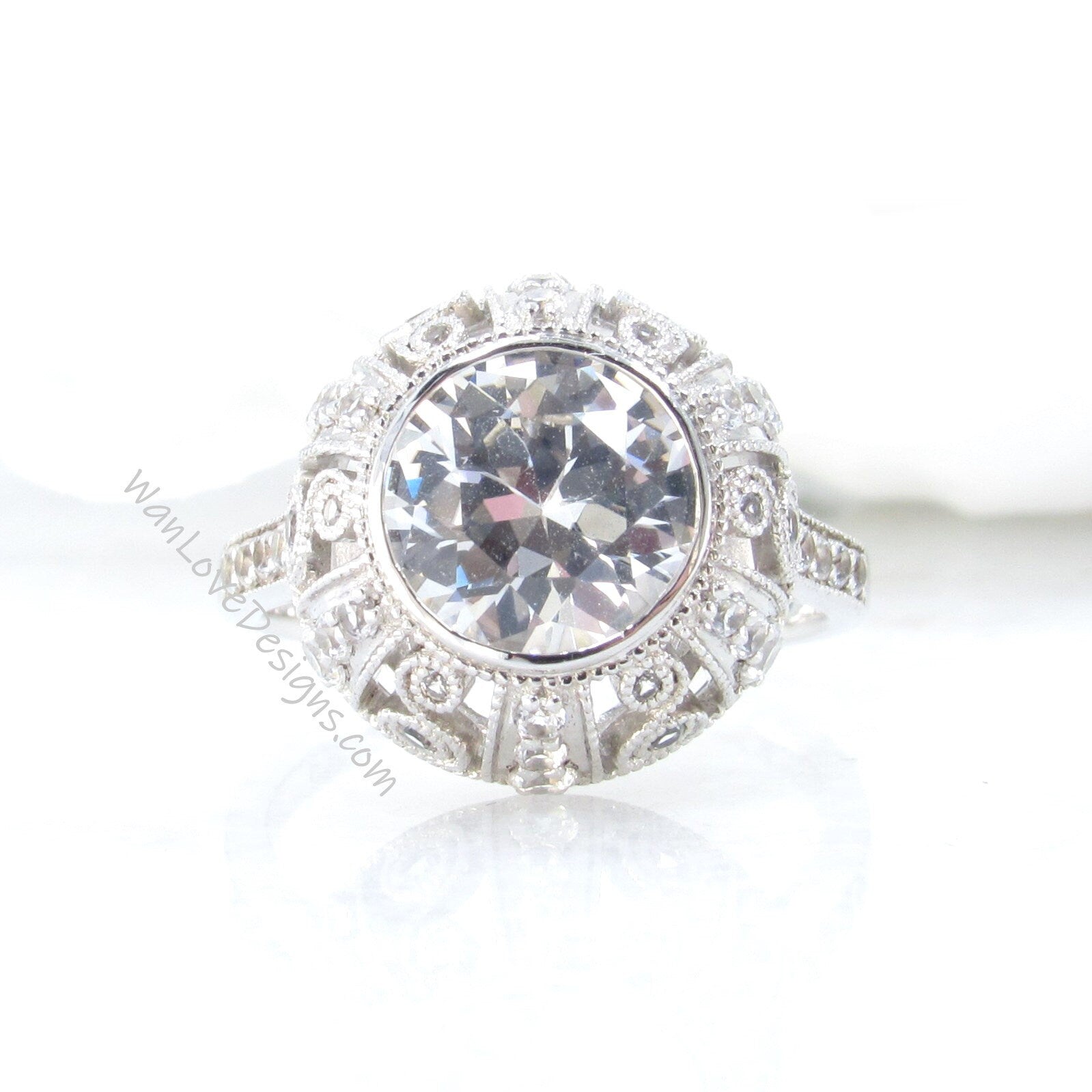 White Sapphire Antique Bezel Filigree Engagement Ring, Milgrain Detail, Scrolls, 2ct, 8mm, Silver Rhodium, Anniversary gift, Ready to ship