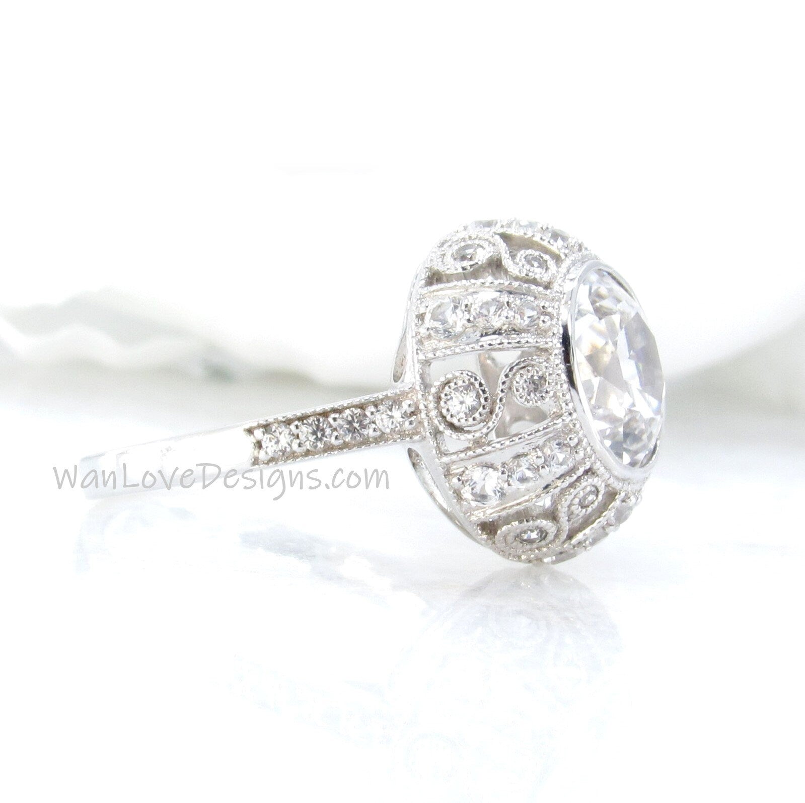 White Sapphire Antique Bezel Filigree Engagement Ring, Milgrain Detail, Scrolls, 2ct, 8mm, Silver Rhodium, Anniversary gift, Ready to ship