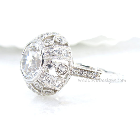 White Sapphire Antique Bezel Filigree Engagement Ring, Milgrain Detail, Scrolls, 2ct, 8mm, Silver Rhodium, Anniversary gift, Ready to ship