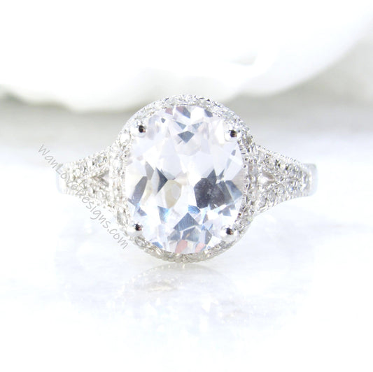 White Sapphire & Diamond Oval Halo Split Shank Milgrain Antique Vintage Engagement Ring 4ct 10x8mm Wedding Anniversary Gift-Ready to ship