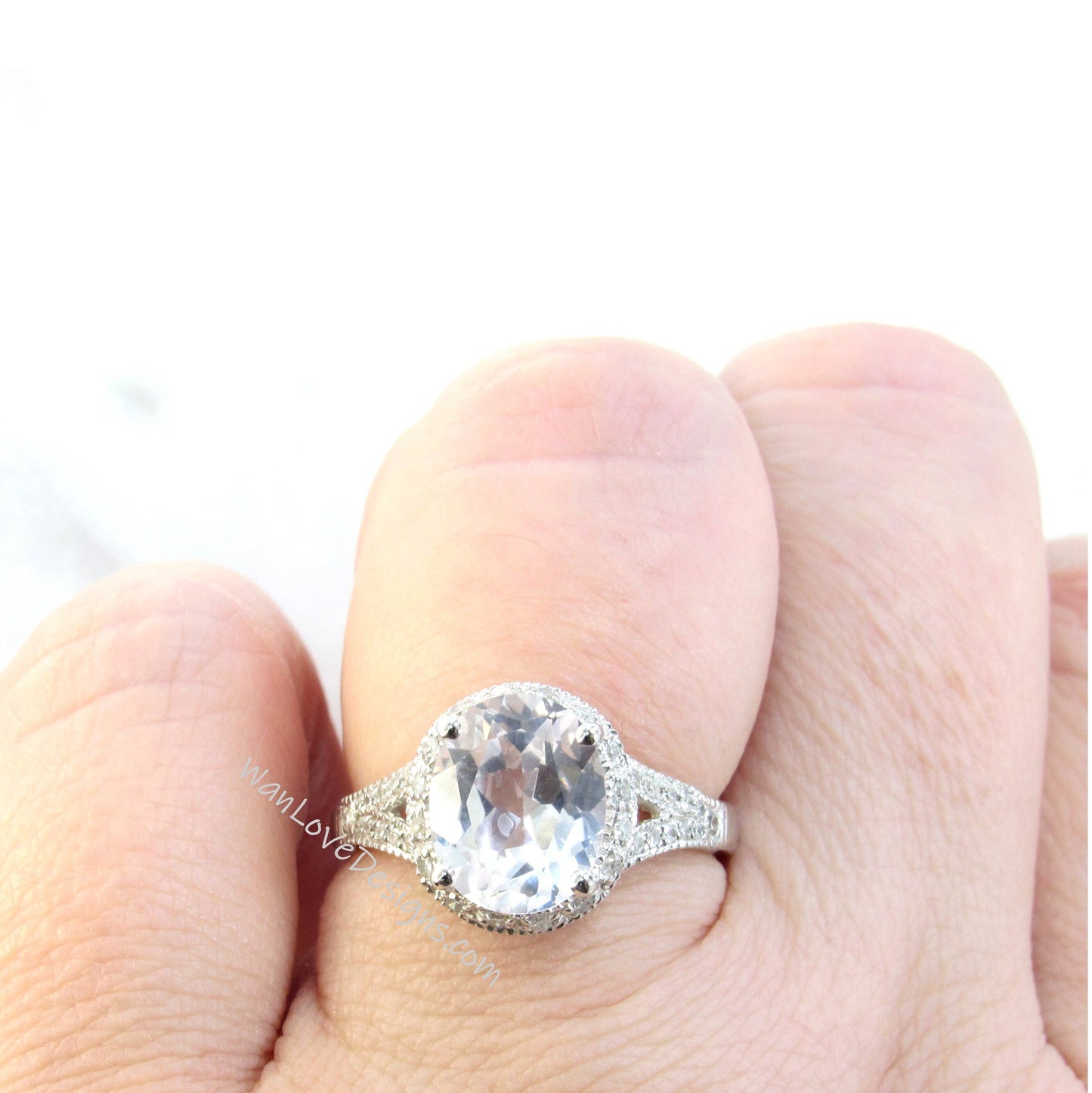 White Sapphire & Diamond Oval Halo Split Shank Milgrain Antique Vintage Engagement Ring 4ct 10x8mm Wedding Anniversary Gift-Ready to ship