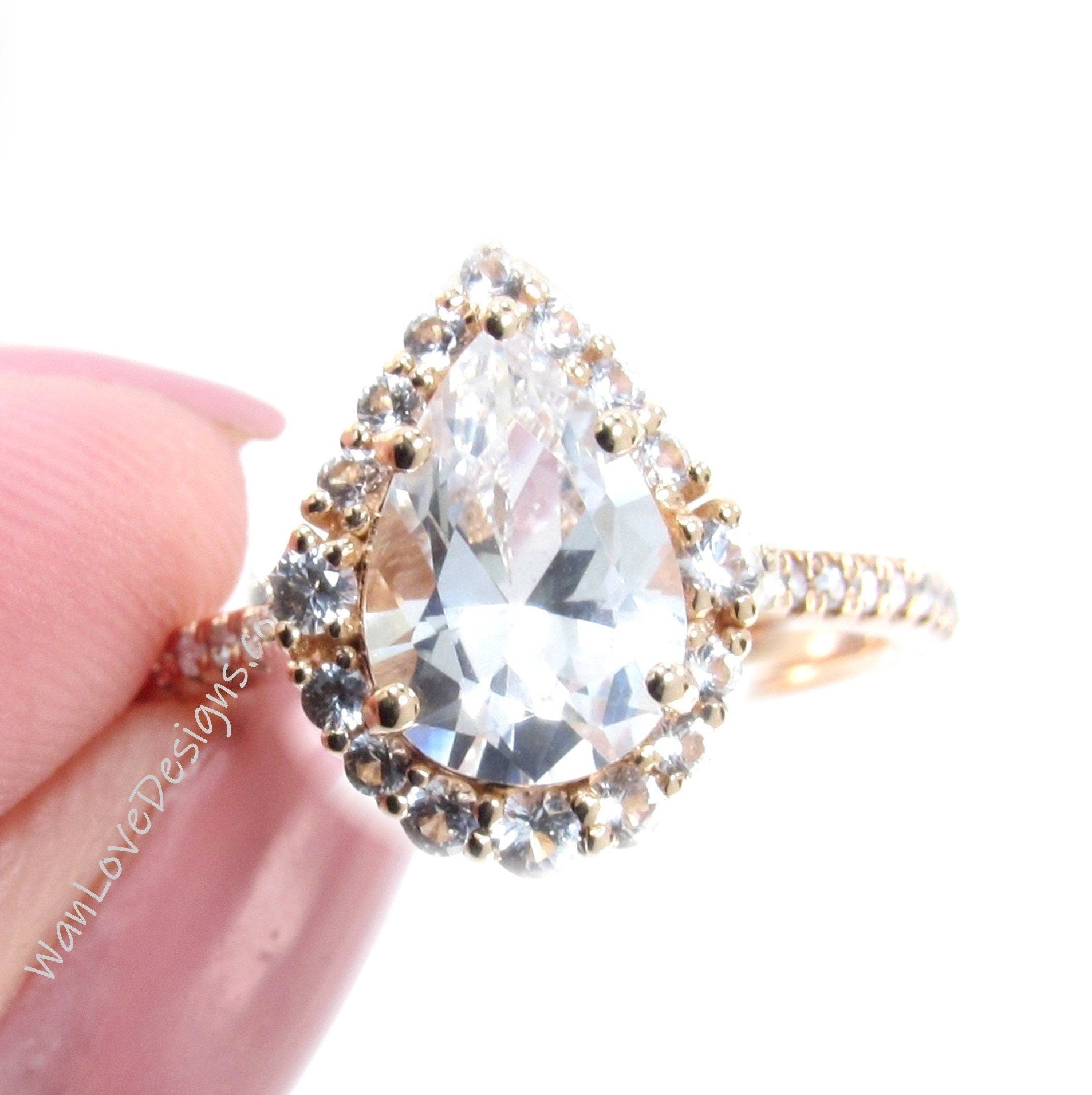 White Sapphire Diamond Pear Graduated Halo Engagement Ring, 14k 18k White Yellow Rose Gold-Platinum-Custom-Wedding