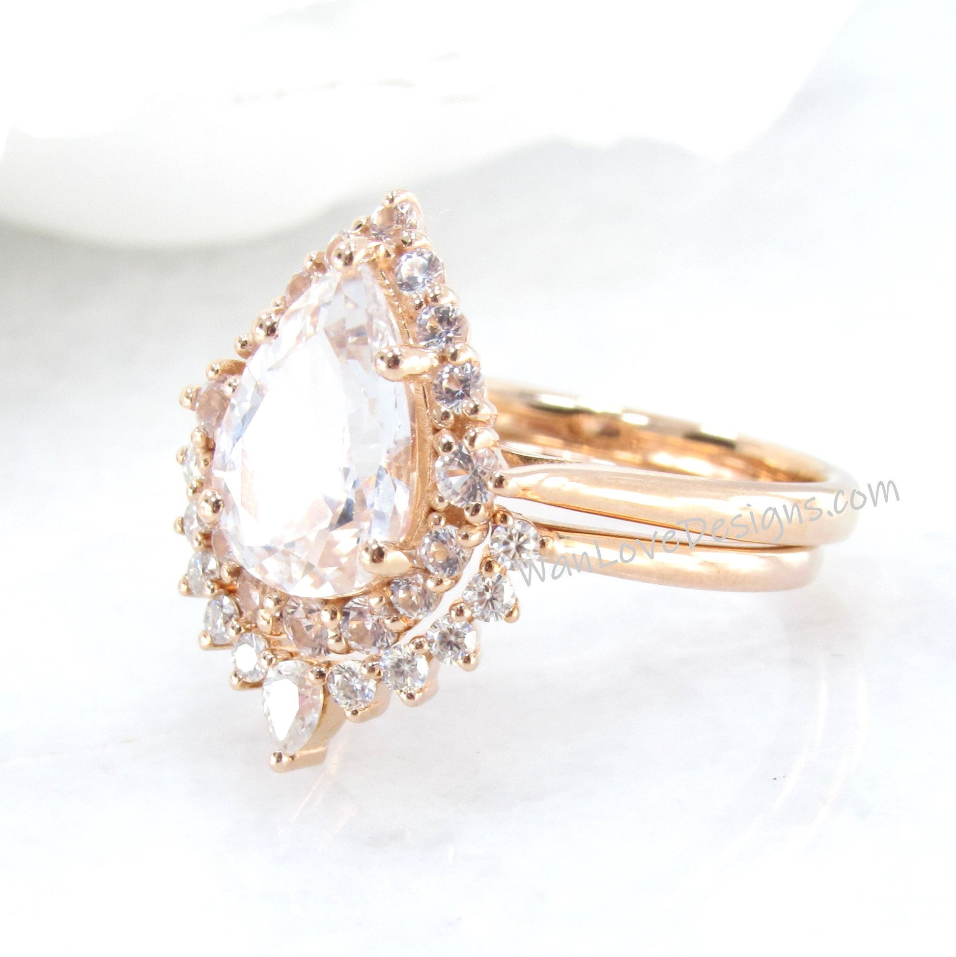 White Sapphire Pear Graduated Halo Engagement Ring Art deco Wedding Band Set 2ct vintage Rose gold pear halo bridal promise aniversary ring